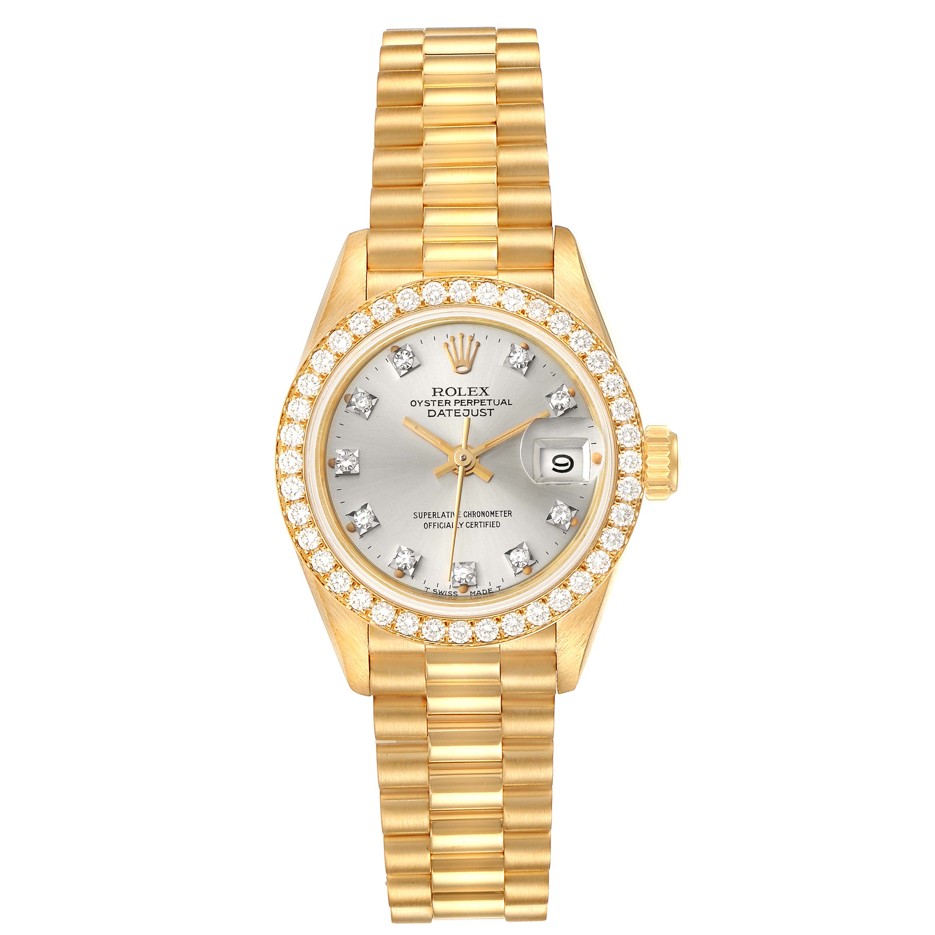 The image shows a frontal view of a Rolex President 69138 Women's Yellow Gold Silver Dial 69138 Women's Yellow Gold Silver Dial model watch with a gold band and diamond-studded bezel.