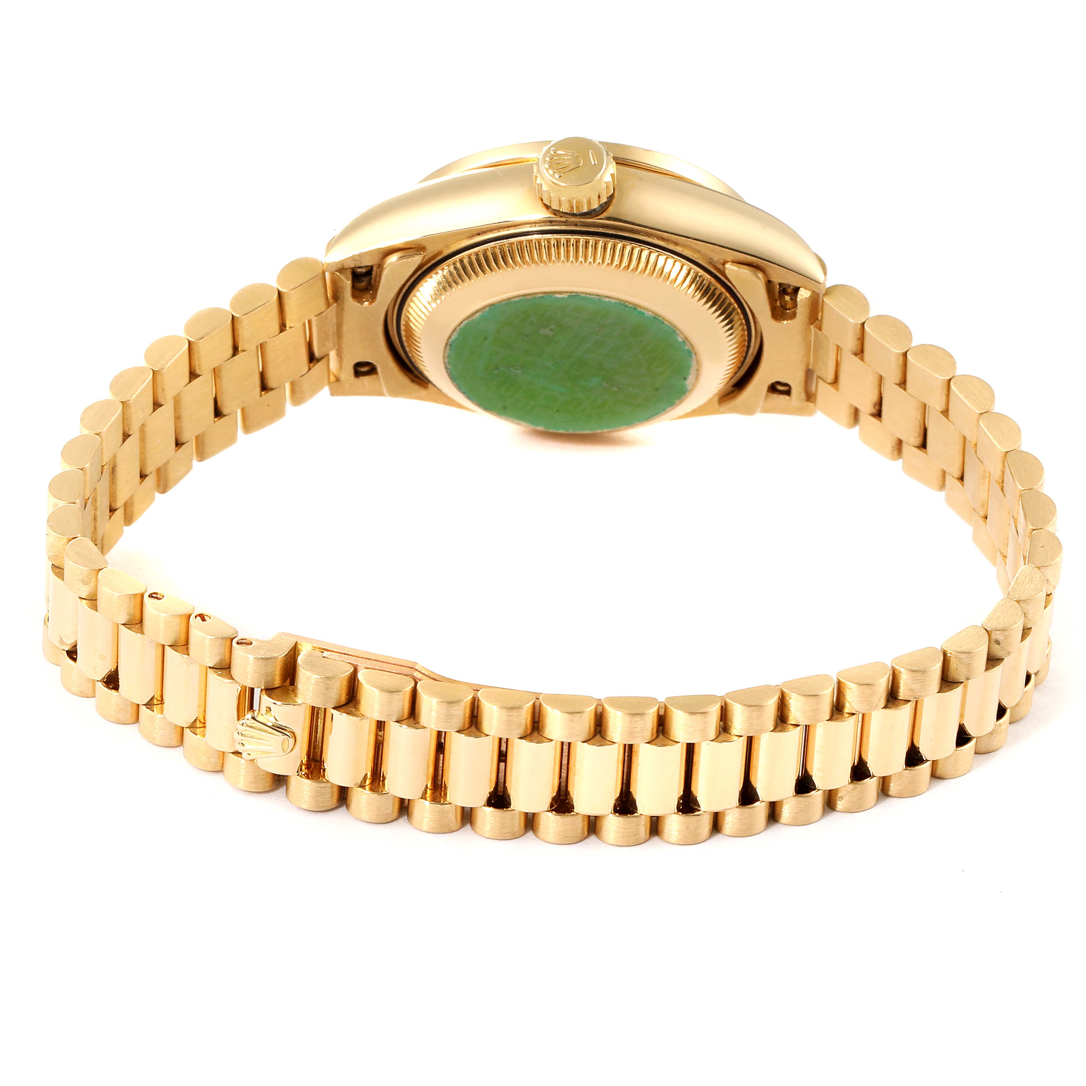 This image shows the back view of a Rolex President 69138 Women's Yellow Gold Silver Dial 69138 Women's Yellow Gold Silver Dial model watch, highlighting the bracelet and case back.
