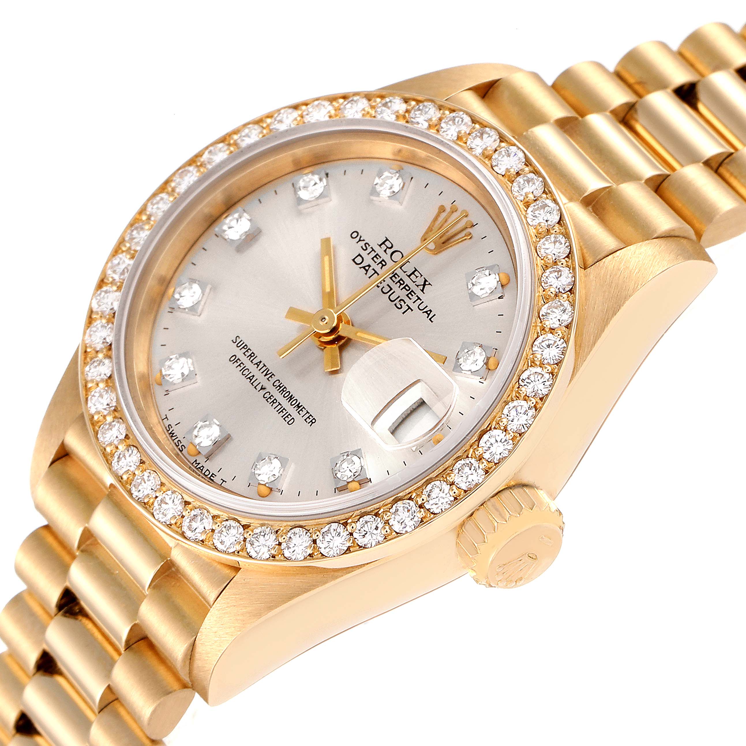 This image shows the Rolex President 69138 Women's Yellow Gold Silver Dial 69138 Women's Yellow Gold Silver Dial model watch at an oblique angle, highlighting the diamond bezel, dial, and gold bracelet.