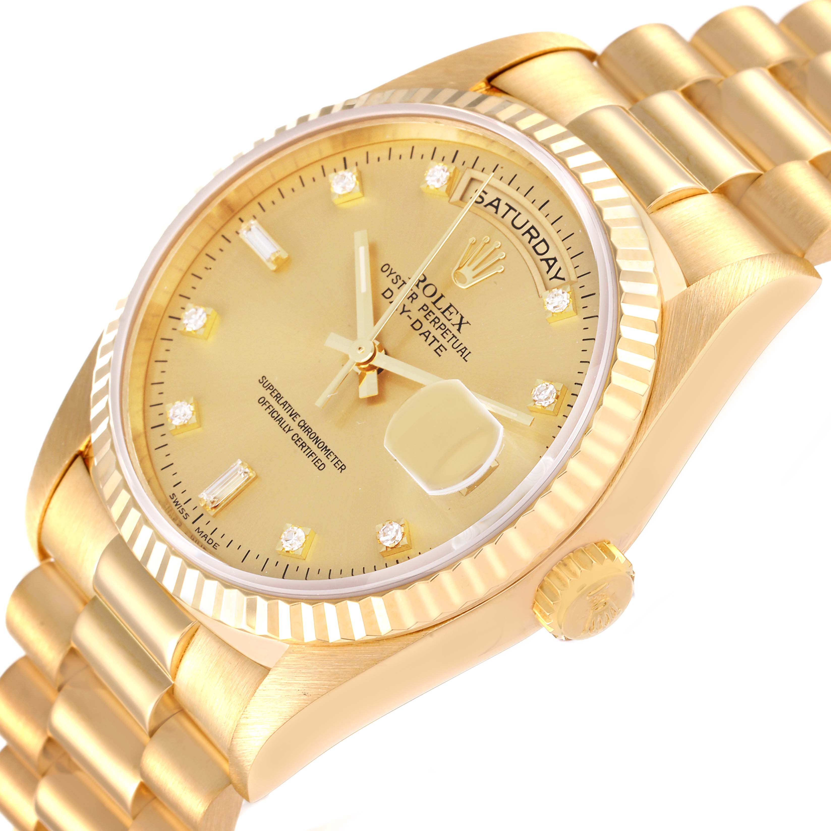 The Rolex President 18238 Men's Steel and Gold (two tone) Champagne Dial 18238 Men's Steel and Gold (two tone) Champagne Dial model watch is shown at an angled view, highlighting the dial, fluted bezel, and part of the bracelet.