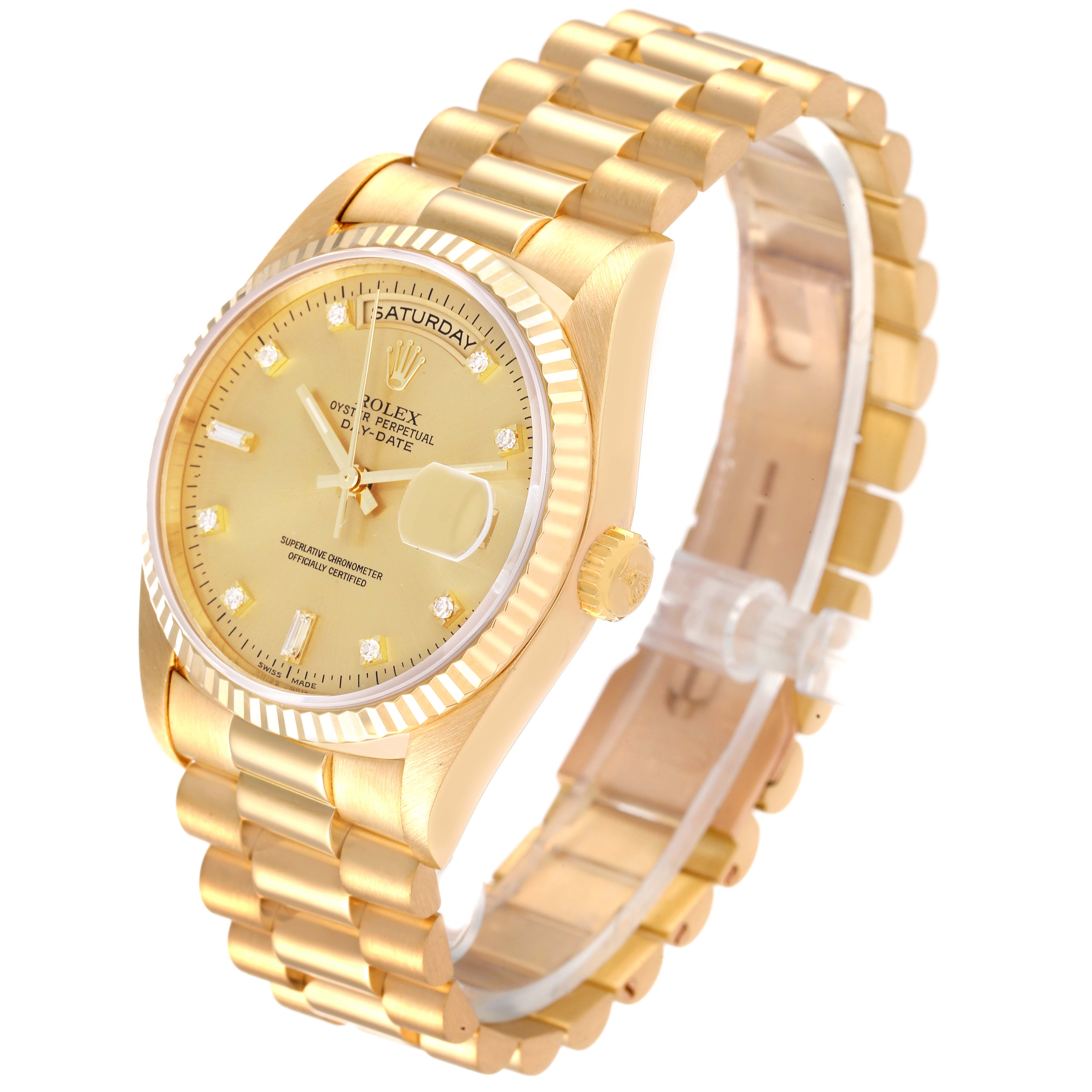 The image shows a side-angle view of a Rolex President 18238 Men's Steel and Gold (two tone) Champagne Dial 18238 Men's Steel and Gold (two tone) Champagne Dial model watch, displaying its face, strap, and crown.