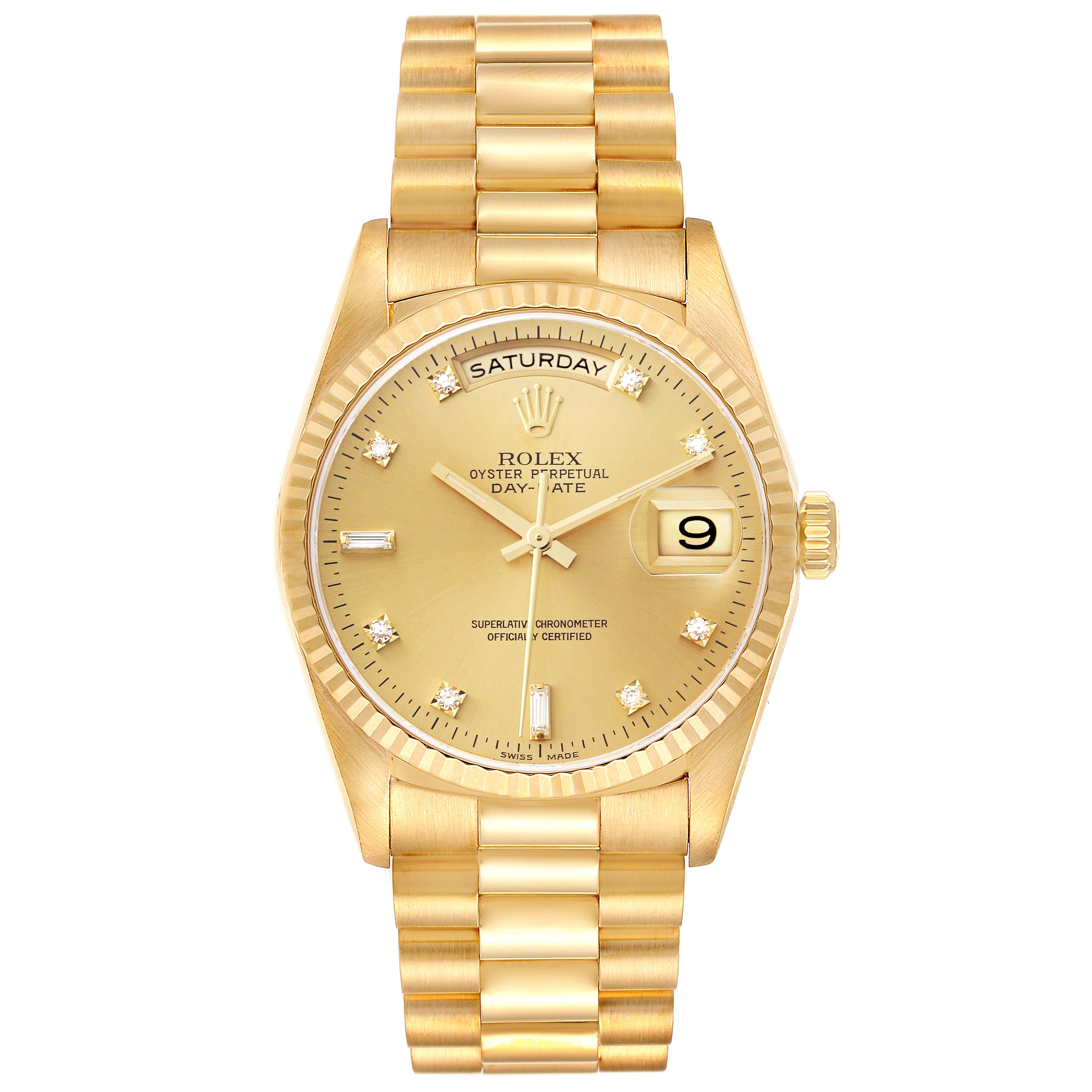 The image shows a front view of a Rolex President 18238 Men's Steel and Gold (two tone) Champagne Dial 18238 Men's Steel and Gold (two tone) Champagne Dial Day-Date watch, highlighting the dial, case, bracelet, and crown.