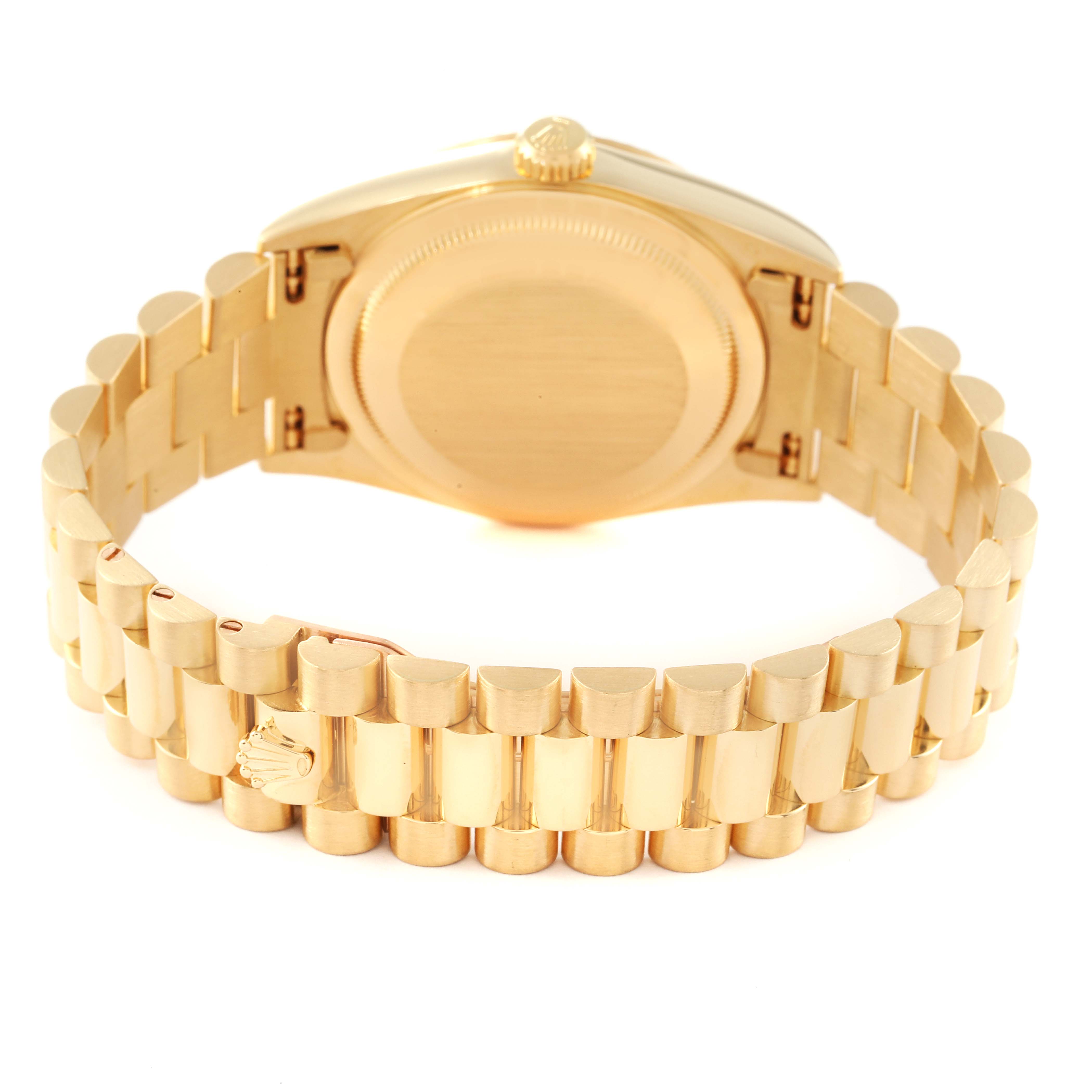 The image shows the back case and bracelet of a Rolex President 18238 Men's Steel and Gold (two tone) Champagne Dial 18238 Men's Steel and Gold (two tone) Champagne Dial model watch angled from the rear.