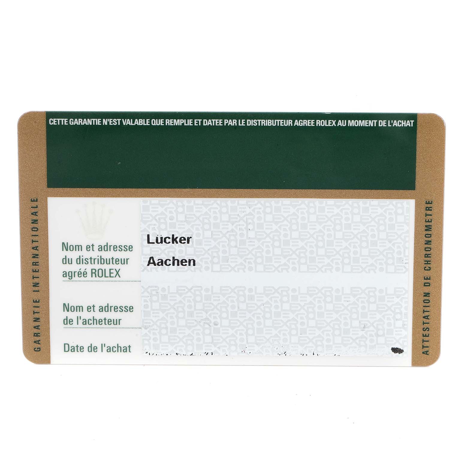 This image shows the warranty card for the President model by Rolex.