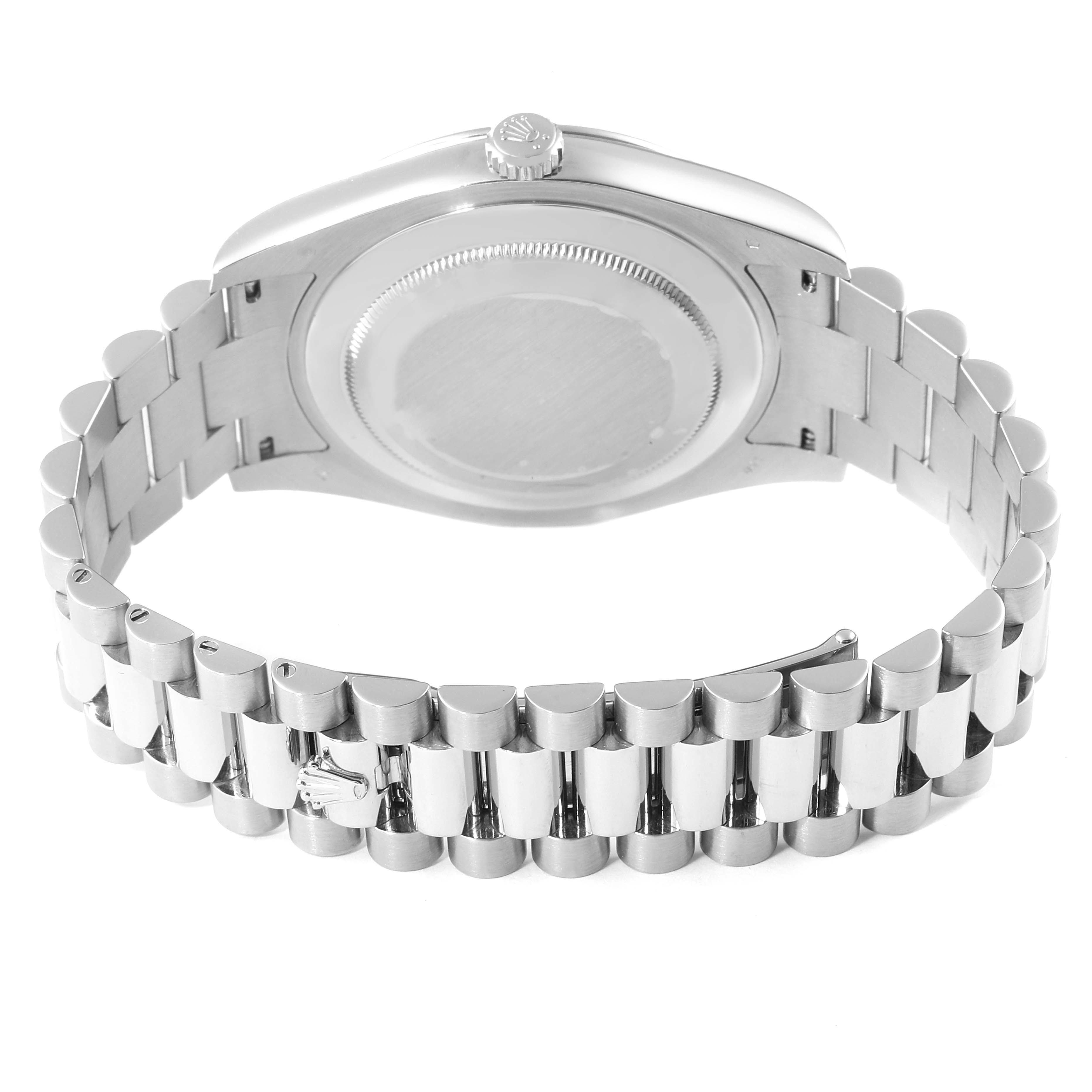 This image shows the back casing and bracelet of a Rolex President 218239 Men's White Gold Blue Dial 218239 Men's White Gold Blue Dial model watch from a rear angle.