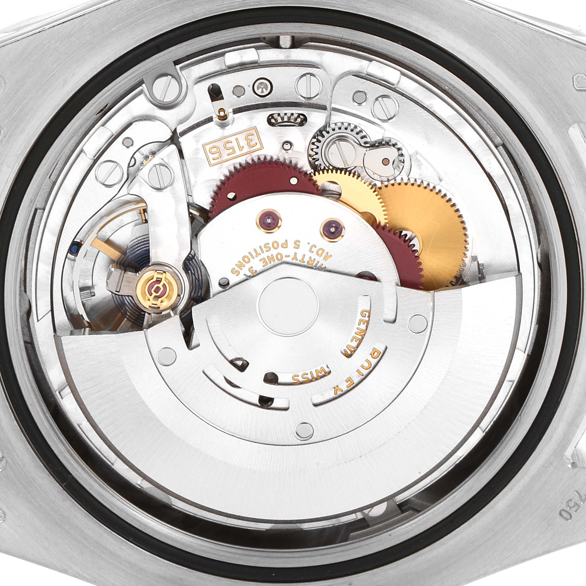 This is the internal mechanism of a Rolex President 218239 Men's White Gold Blue Dial 218239 Men's White Gold Blue Dial model watch viewed from the back, showcasing its intricate gears and components.