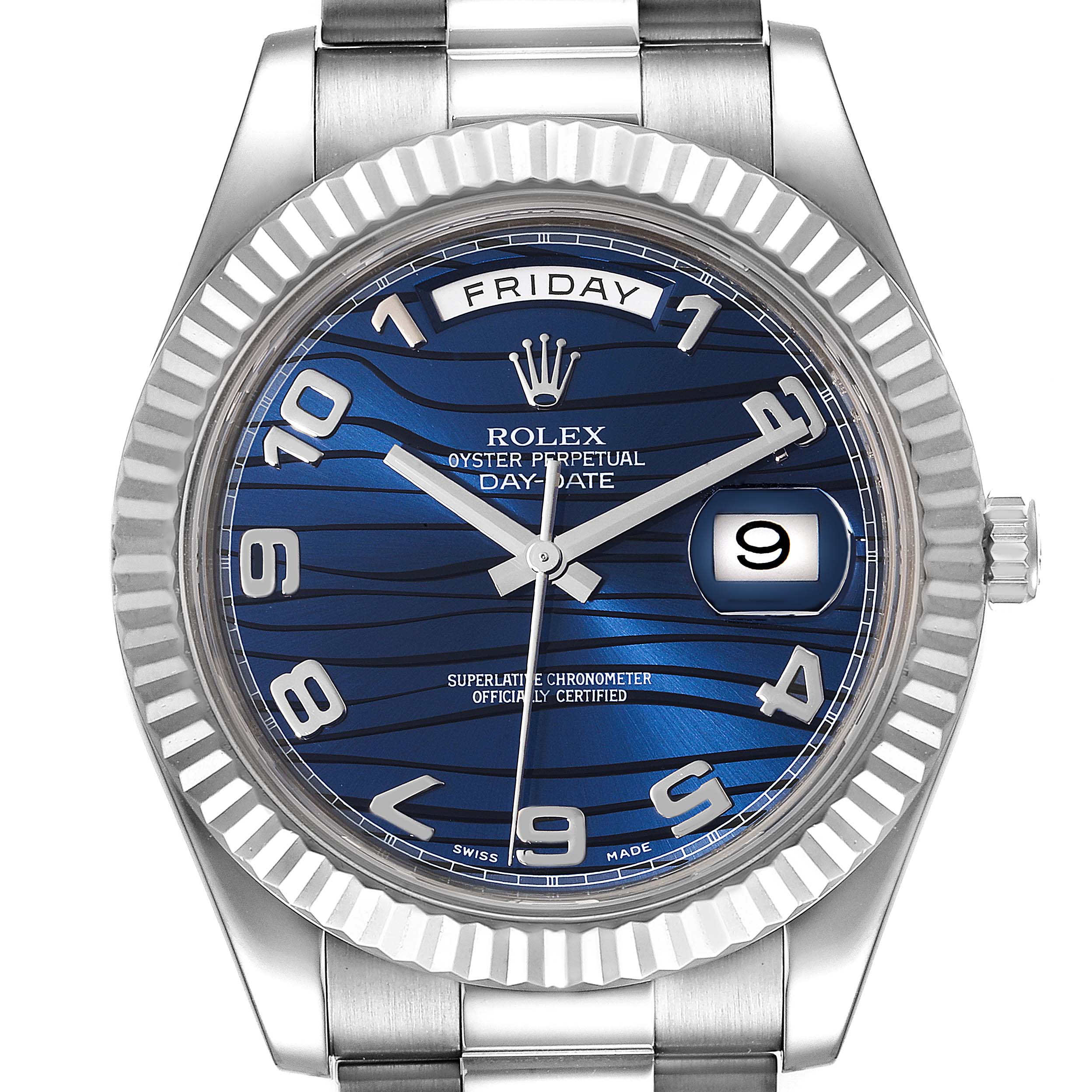 The image shows the face of a Rolex President 218239 Men's White Gold Blue Dial 218239 Men's White Gold Blue Dial Day-Date watch, including the dial, hands, bezel, and part of the bracelet.