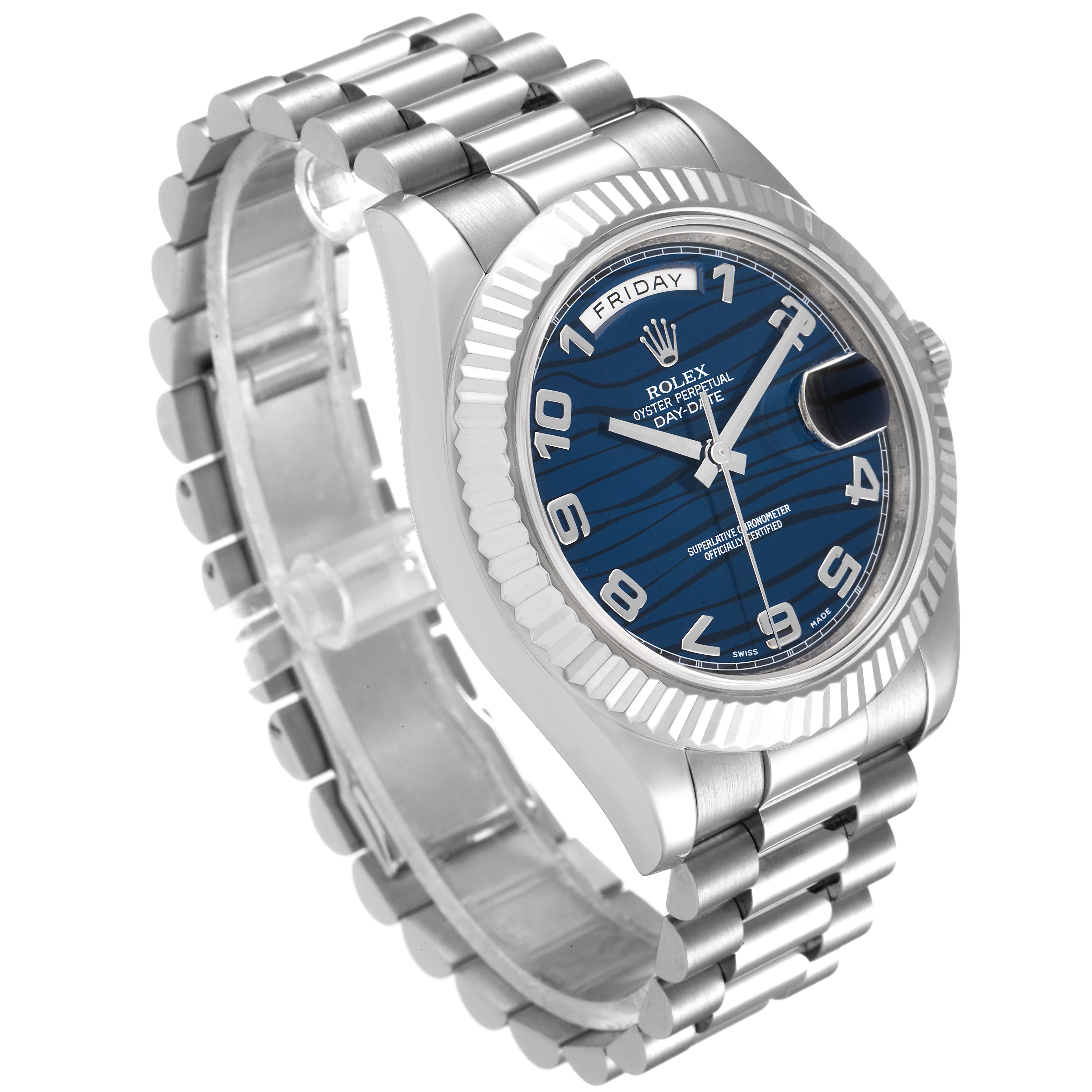The image shows a Rolex President 218239 Men's White Gold Blue Dial 218239 Men's White Gold Blue Dial model watch at an angled view, revealing the dial, bezel, bracelet, and clasp.