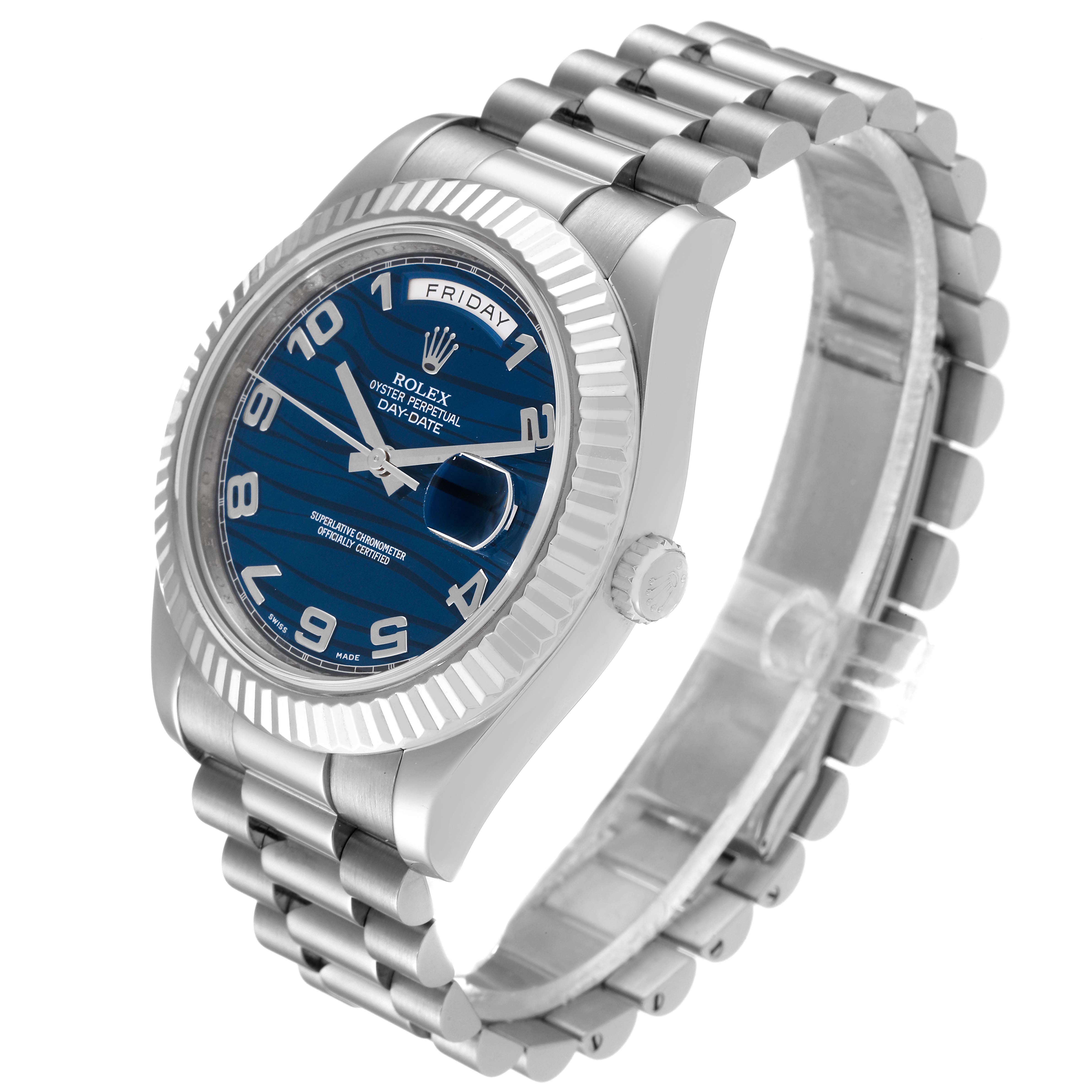 The Rolex President 218239 Men's White Gold Blue Dial 218239 Men's White Gold Blue Dial model watch is shown at a three-quarter angle, displaying its face, bezel, and bracelet.