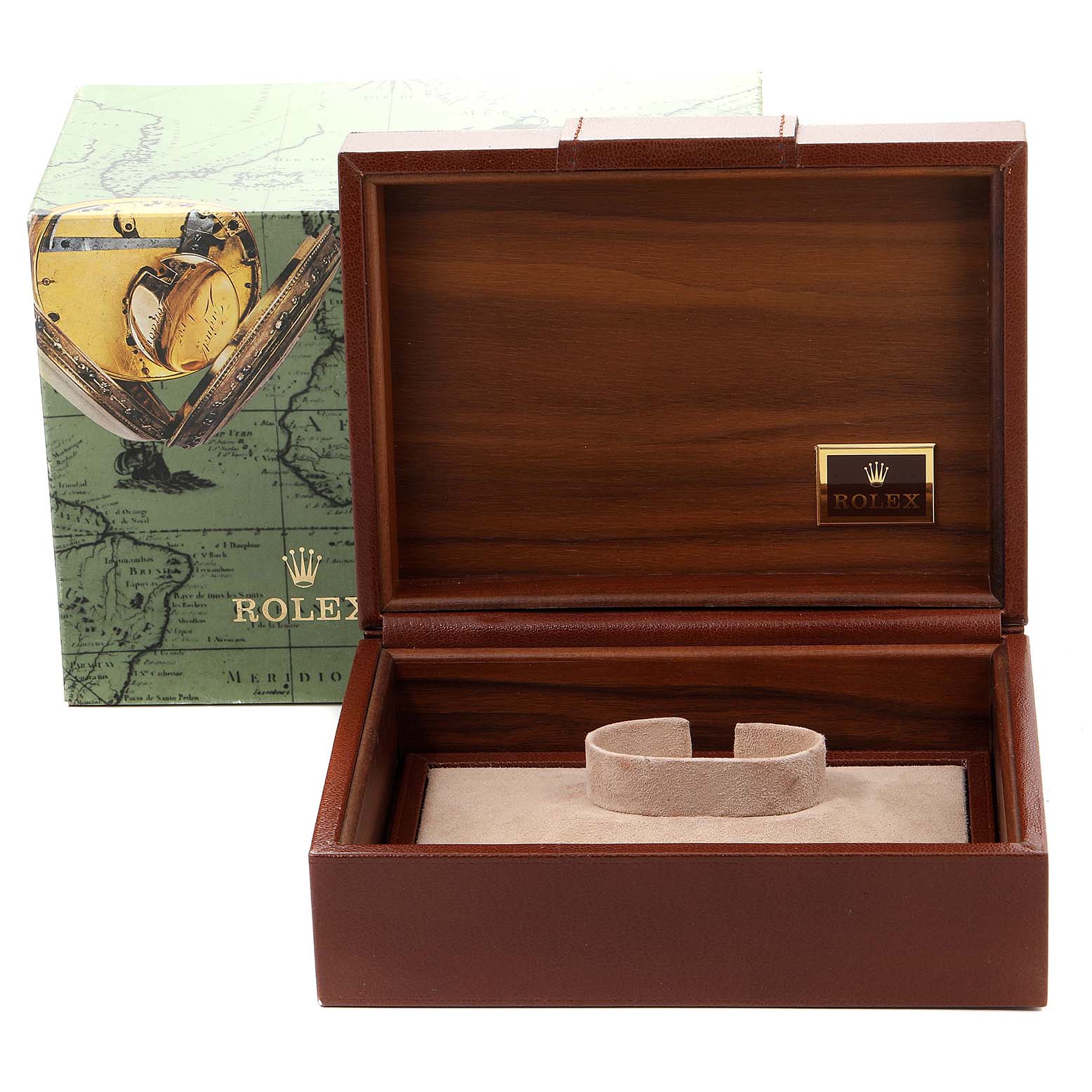 The image shows the packaging and presentation box for a Rolex President 18388 Men's Yellow Gold Champagne Dial 18388 Men's Yellow Gold Champagne Dial model watch, including an outer box and an inner wooden case.