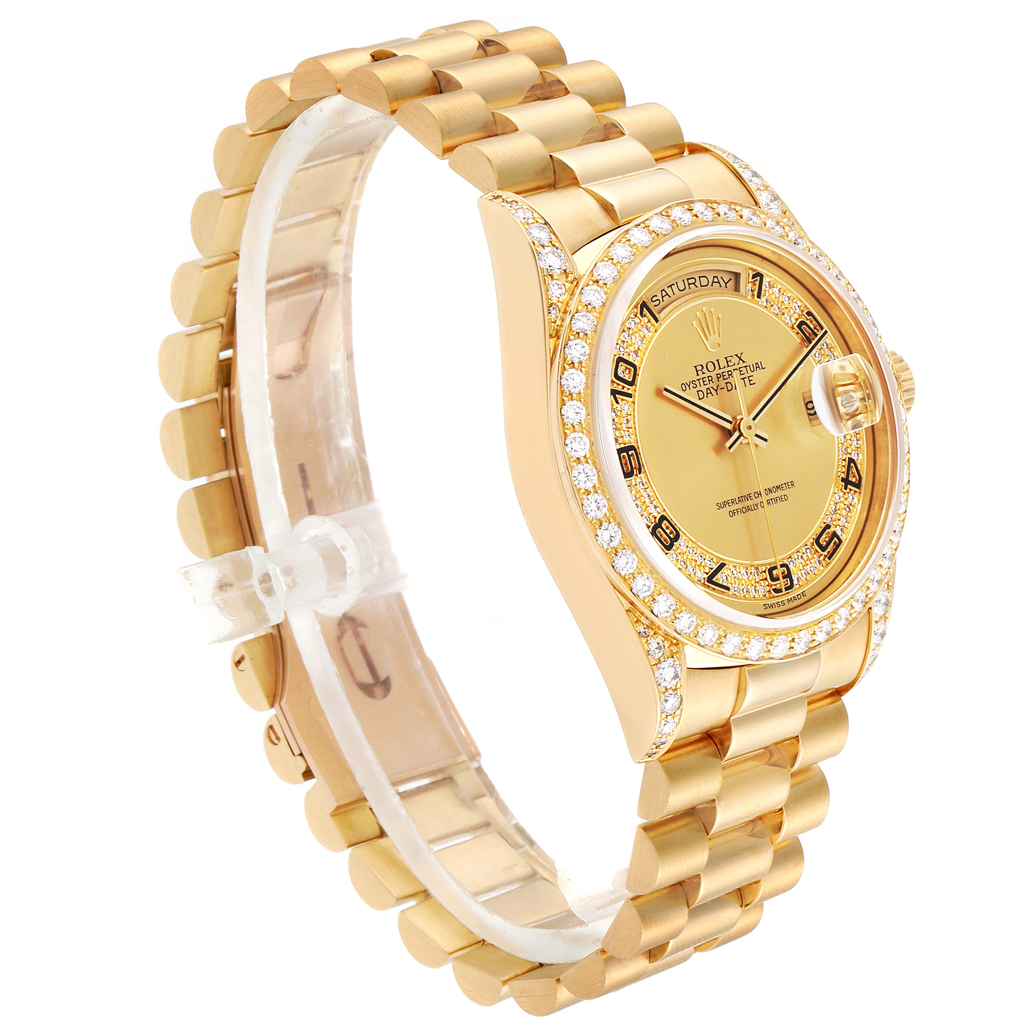 This image shows a side view of the Rolex President 18388 Men's Yellow Gold Champagne Dial 18388 Men's Yellow Gold Champagne Dial model watch, highlighting its gold bracelet, bezel, and dial.