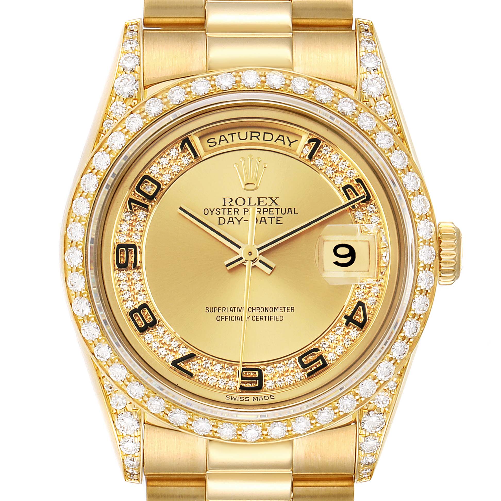 This image shows a front view of a Rolex President 18388 Men's Yellow Gold Champagne Dial 18388 Men's Yellow Gold Champagne Dial model watch, highlighting its face, bezel, and bracelet.