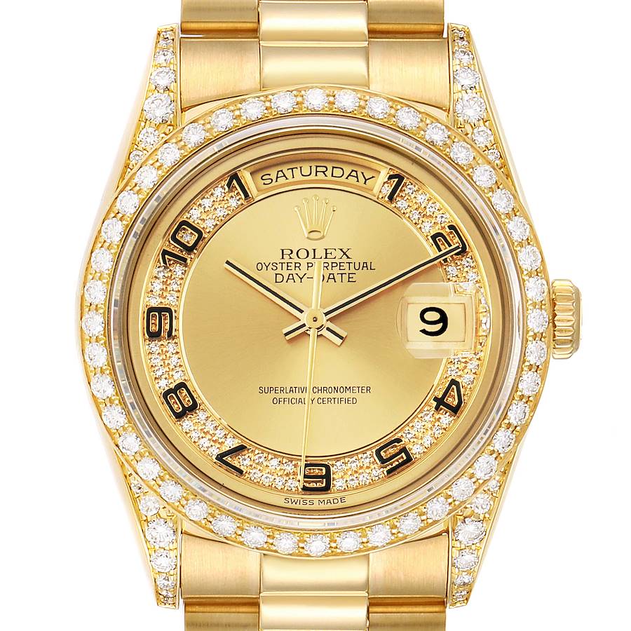 Rolex President Day-Date Yellow Gold Myriad Diamond Mens Watch 18388 SwissWatchExpo