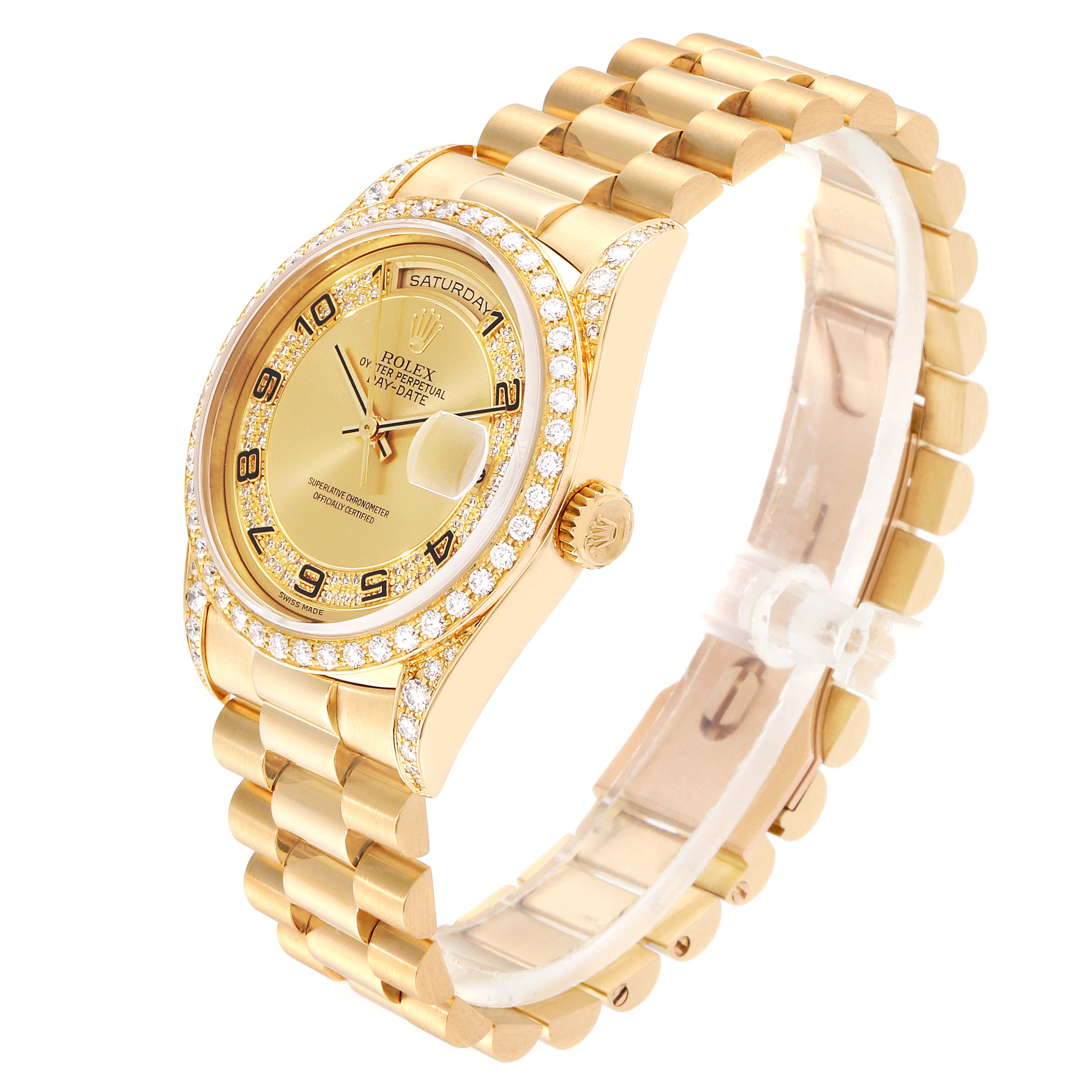 The image shows a Rolex President 18388 Men's Yellow Gold Champagne Dial 18388 Men's Yellow Gold Champagne Dial model watch at an angled view, highlighting the gold case, diamond bezel, face, and bracelet.