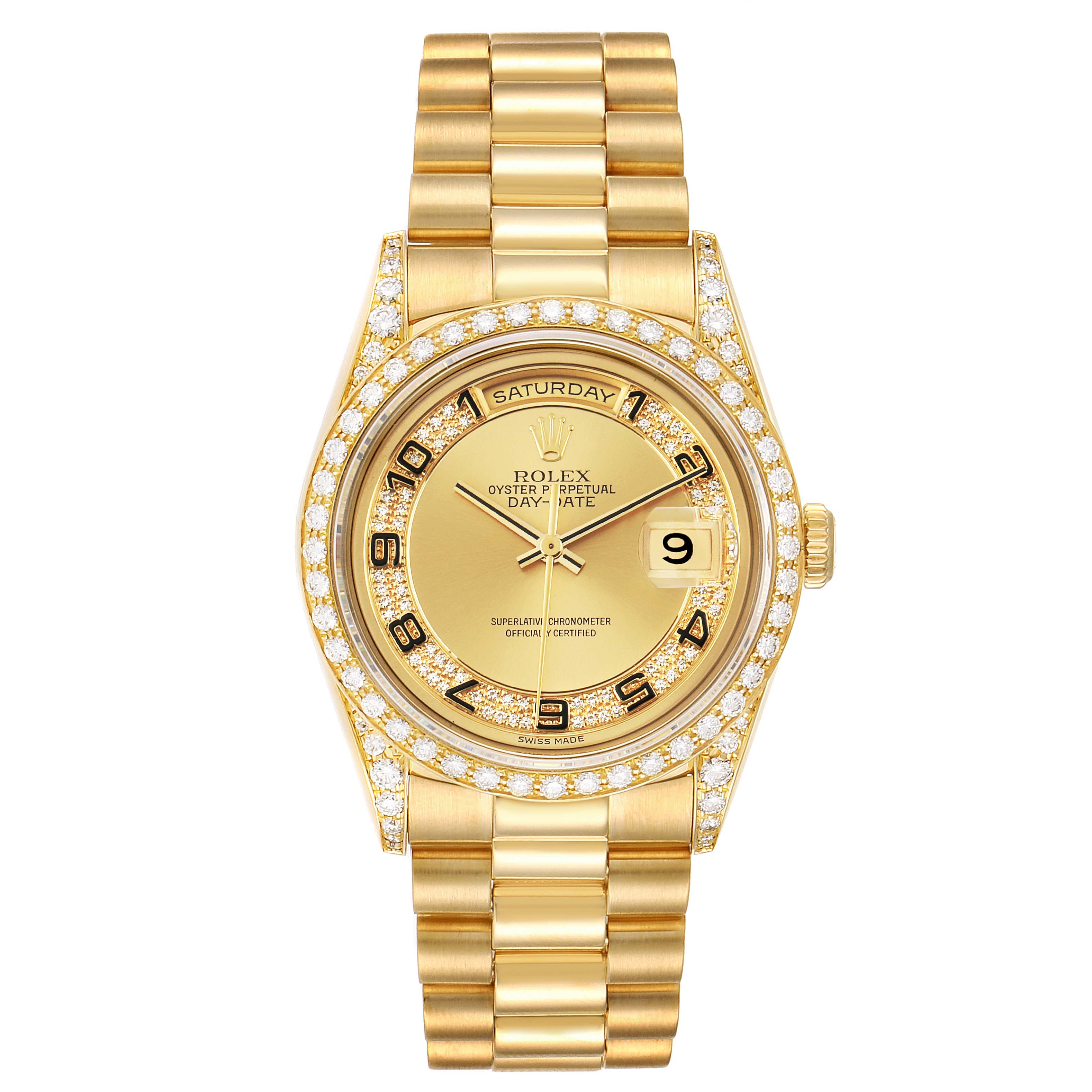 This is a full frontal view of the Rolex President 18388 Men's Yellow Gold Champagne Dial 18388 Men's Yellow Gold Champagne Dial model showing the bracelet, bezel, dial, and day-date complications.