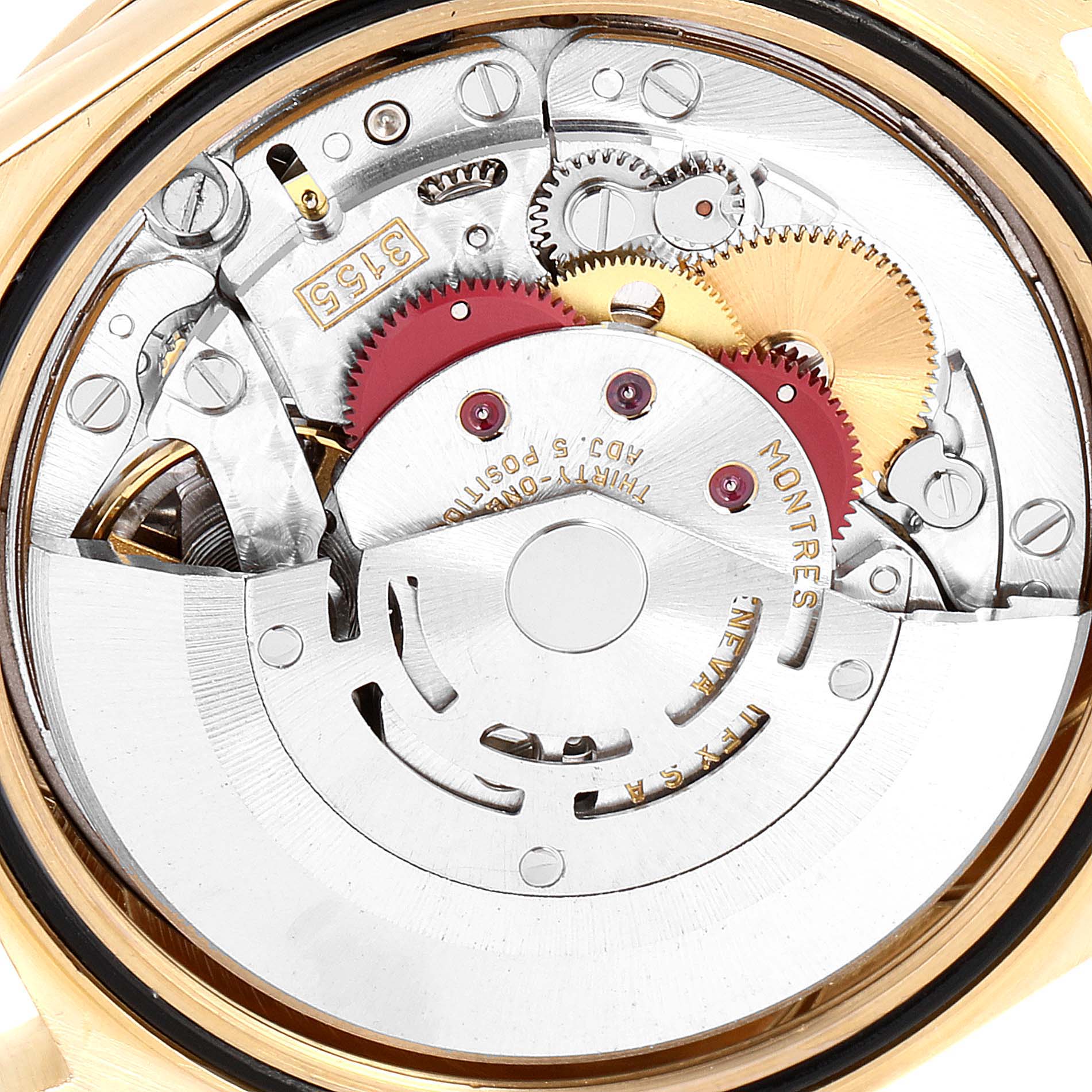 The image shows the inner mechanical movement of a Rolex President 18388 Men's Yellow Gold Champagne Dial 18388 Men's Yellow Gold Champagne Dial model watch, viewed from the back.