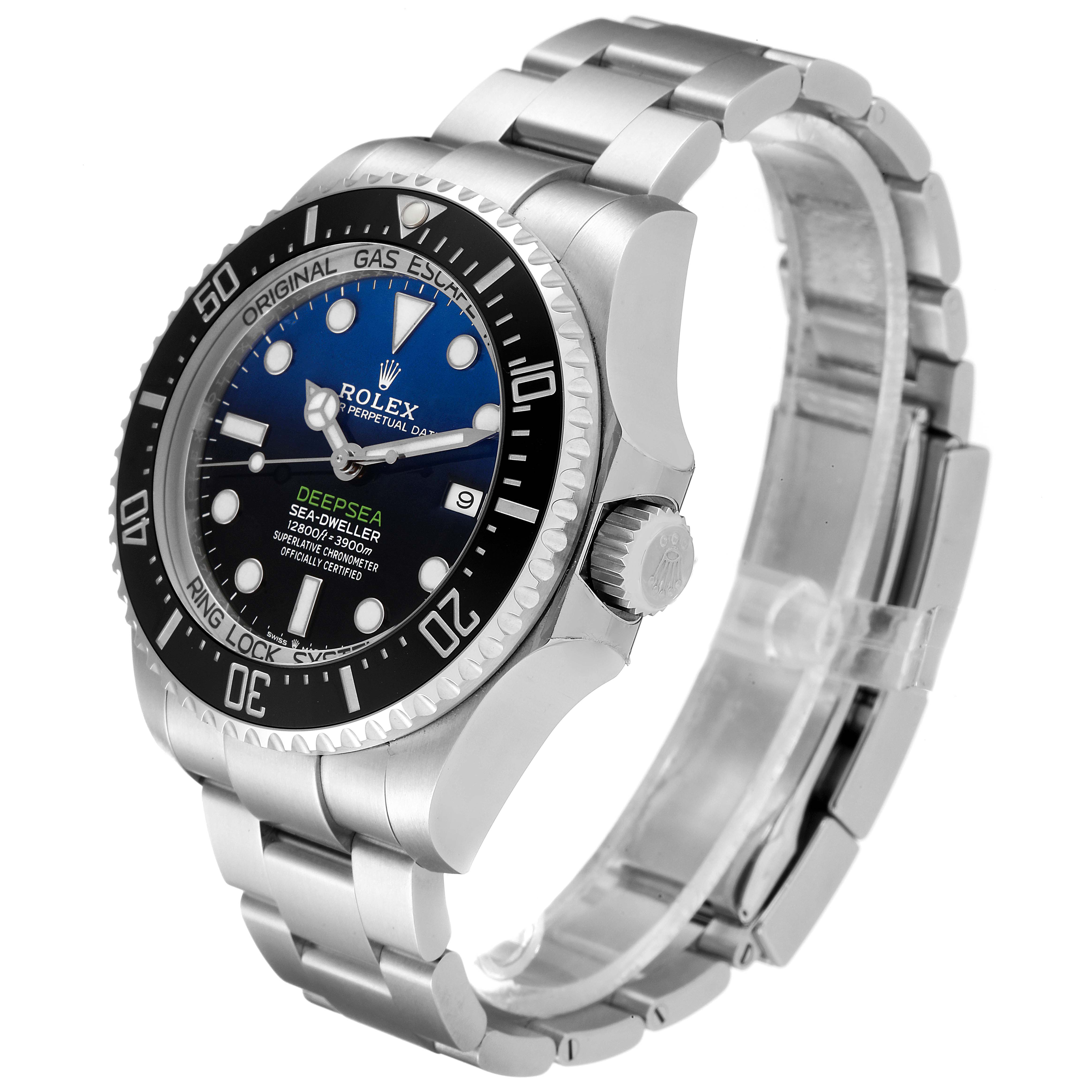 The image shows a Rolex Sea-Dweller 126660 Men
s Stainless Steel Blue Dial 126660 Men
s Stainless Steel Blue Dial watch from an angled side view, highlighting the bezel, crown, dial, and bracelet.