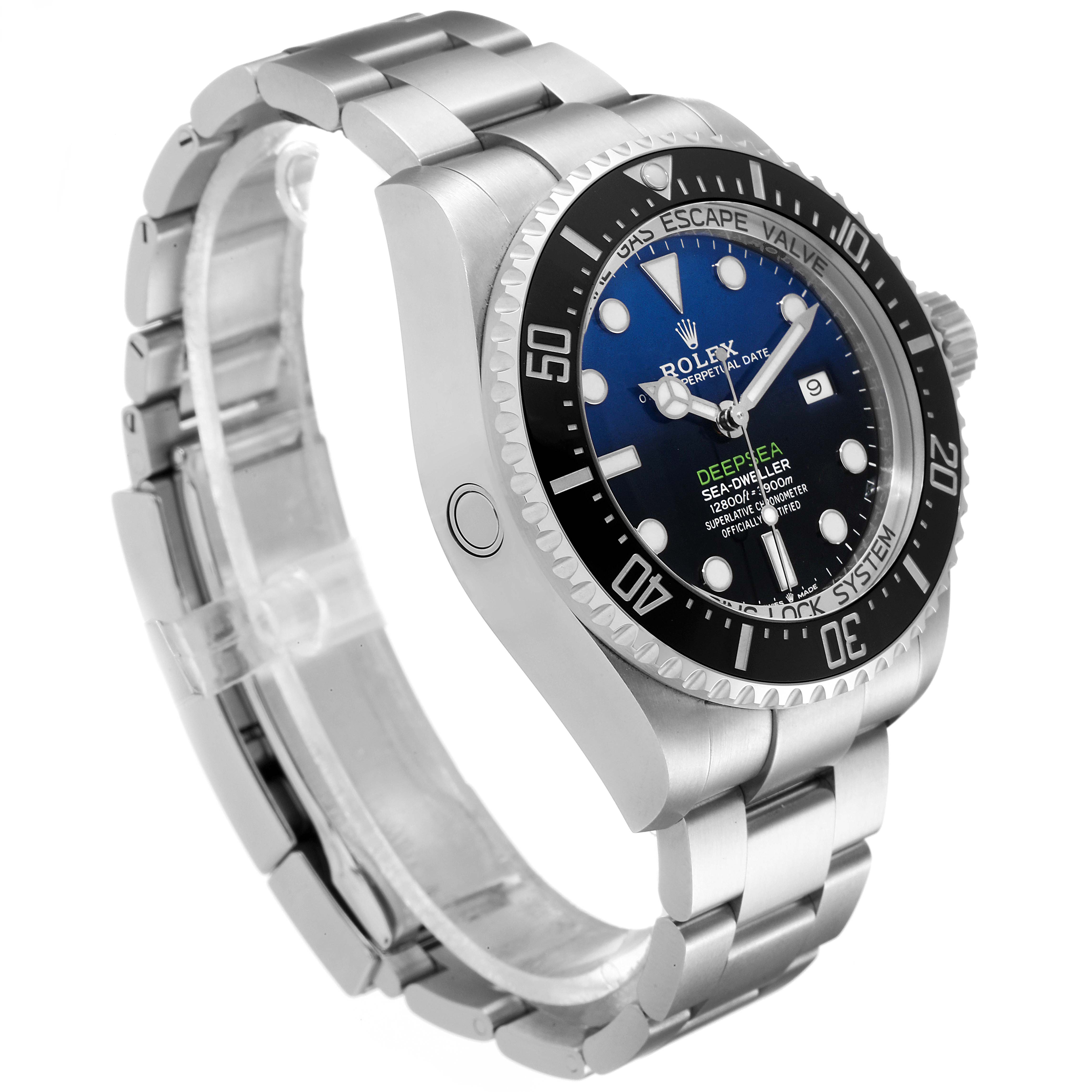 The image shows a side view of the Rolex Sea-Dweller 126660 Men
s Stainless Steel Blue Dial 126660 Men
s Stainless Steel Blue Dial watch, highlighting its face, bezel, crown, and bracelet.