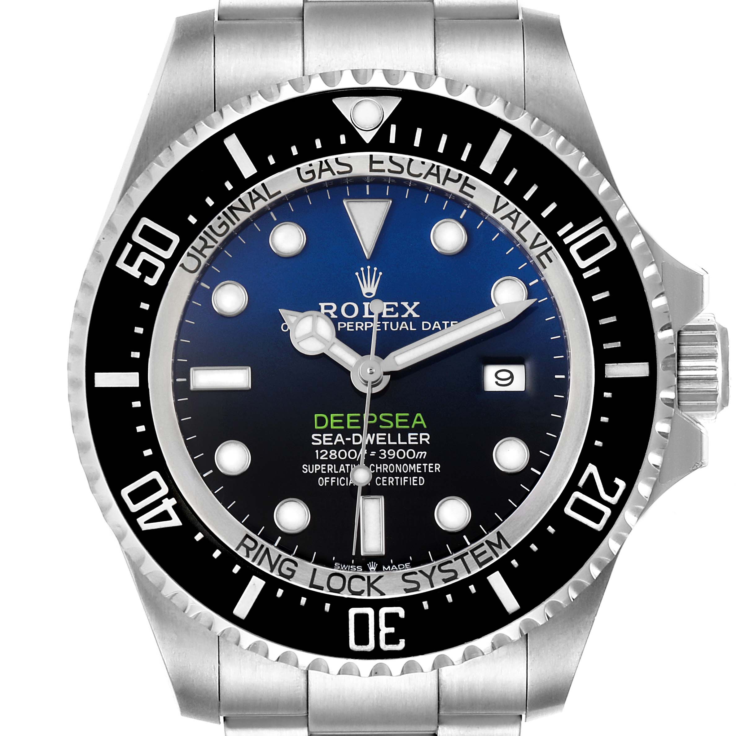 The image shows a front view of the Rolex Sea-Dweller 126660 Men
s Stainless Steel Blue Dial 126660 Men
s Stainless Steel Blue Dial Deepsea watch, highlighting its face, bezel, and part of the bracelet.