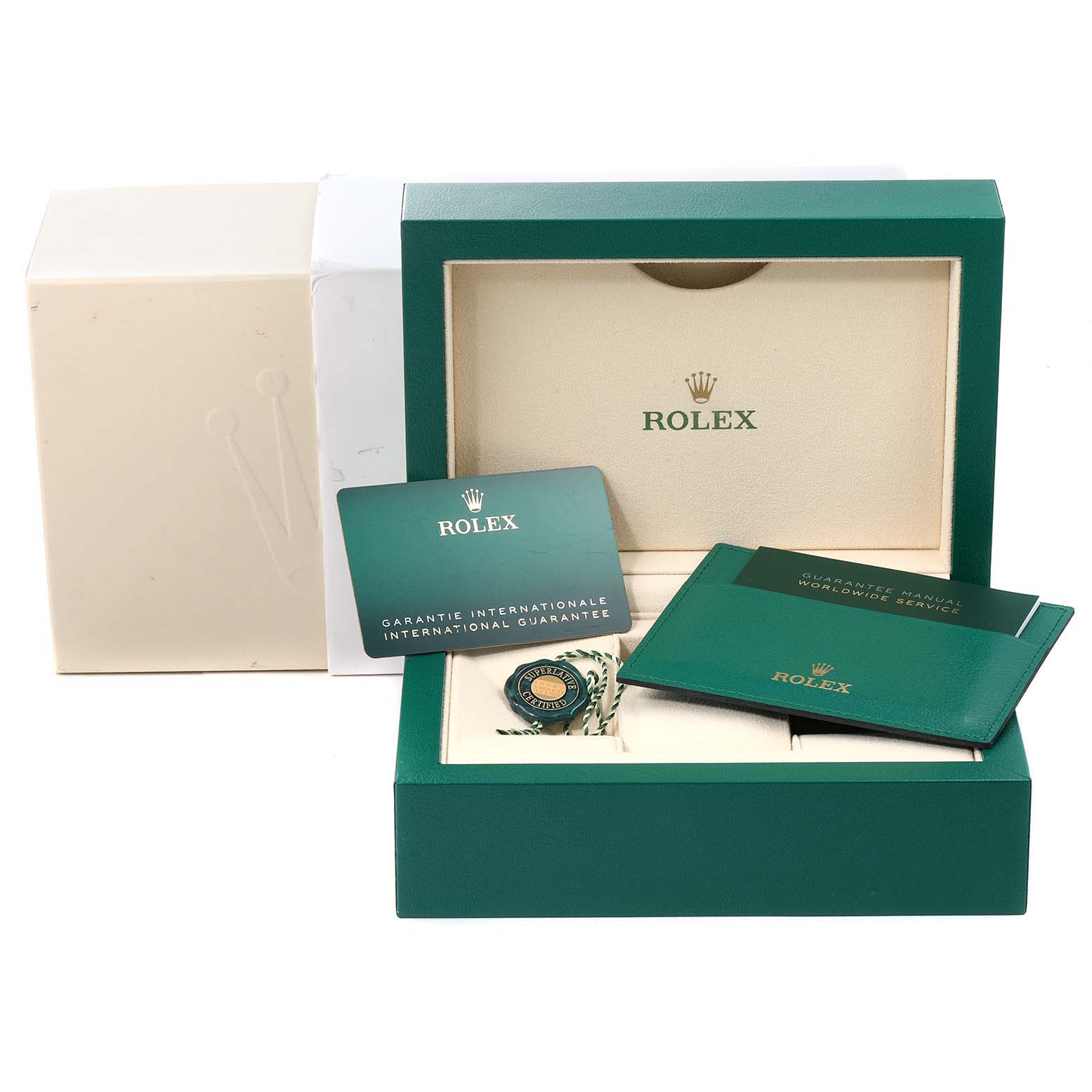 The image shows the Rolex Sea-Dweller 126660 Men
s Stainless Steel Blue Dial 126660 Men
s Stainless Steel Blue Dial
s packaging, warranty card, booklet, and tag from a front angle.