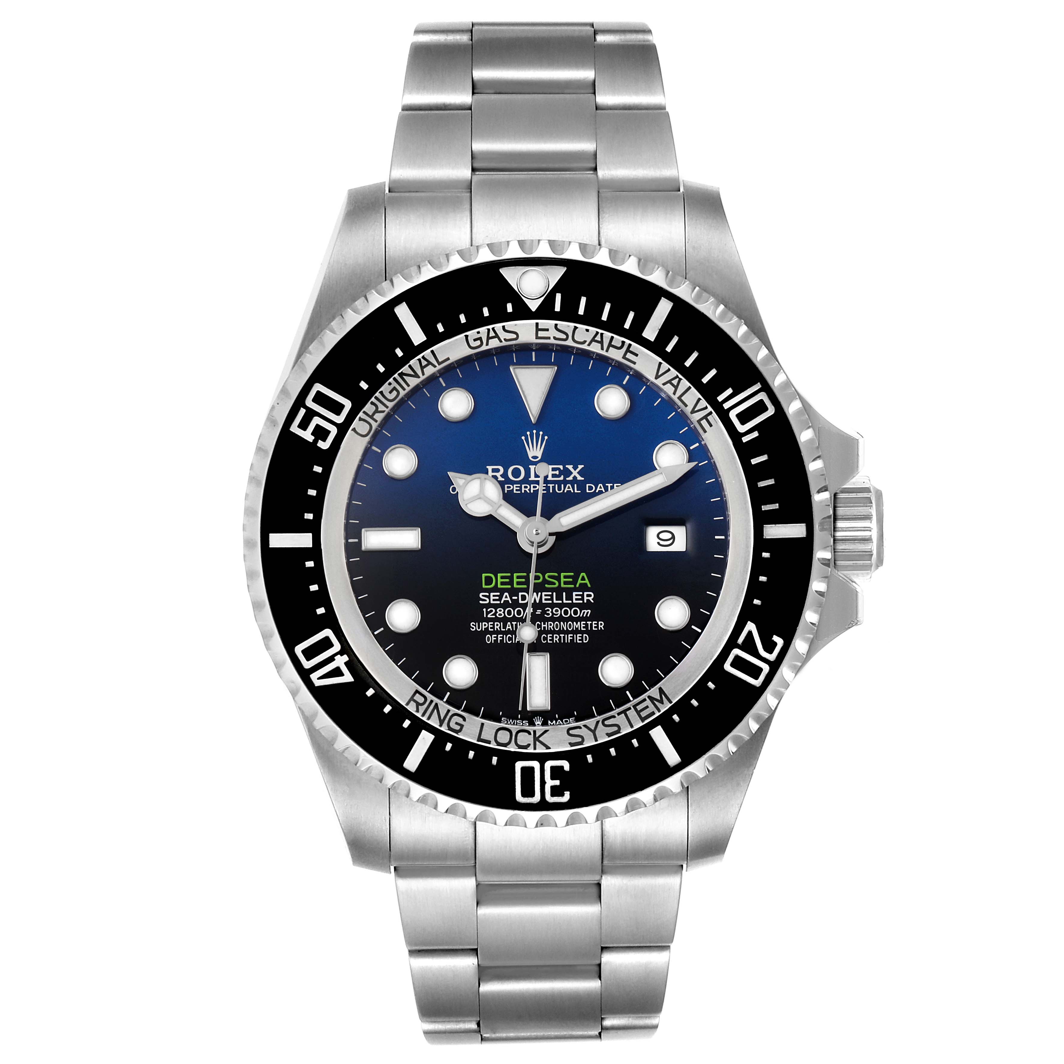 The image shows a front view of a Rolex Sea-Dweller 126660 Men
s Stainless Steel Blue Dial 126660 Men
s Stainless Steel Blue Dial watch, displaying the dial, bezel, and bracelet.