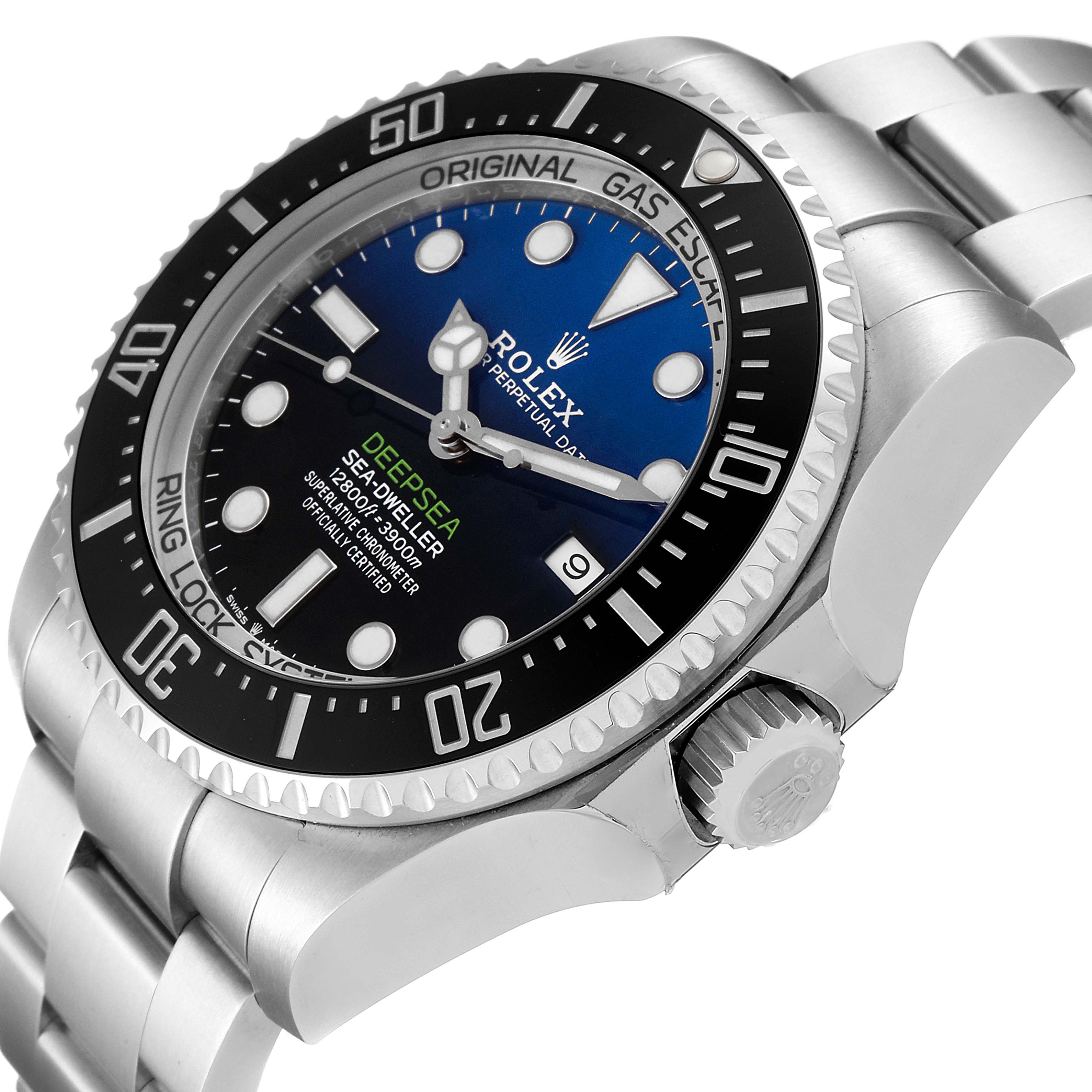 This image shows a side angle of the Rolex Sea-Dweller 126660 Men
s Stainless Steel Blue Dial 126660 Men
s Stainless Steel Blue Dial Deepsea watch, highlighting the dial, bezel, and part of the bracelet.
