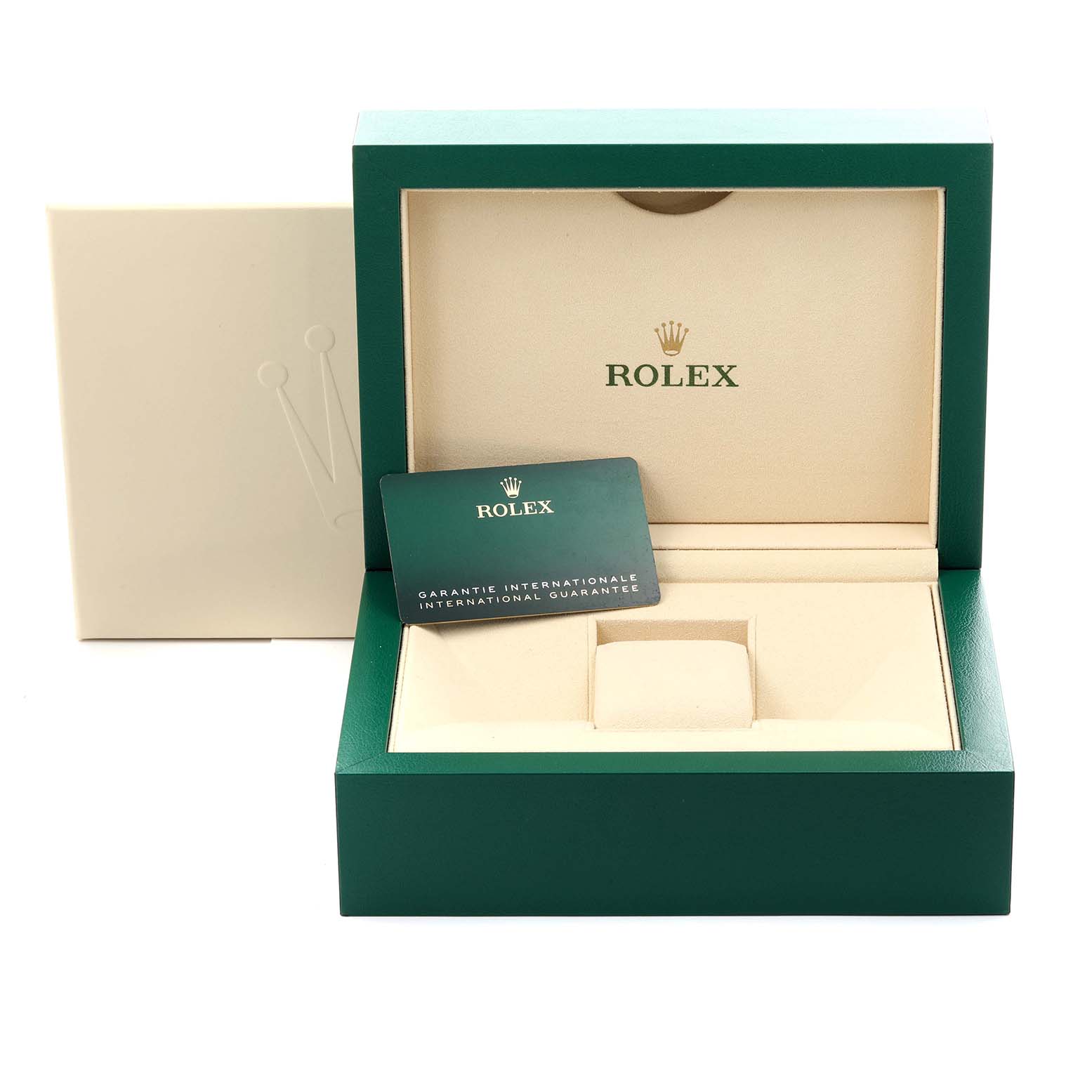The image shows the packaging and guarantee card for a Rolex Sky-Dweller 326933 Men's Steel and Gold (two tone) White Dial 326933 Men's Steel and Gold (two tone) White Dial, with an open box displaying a cushion for the watch.