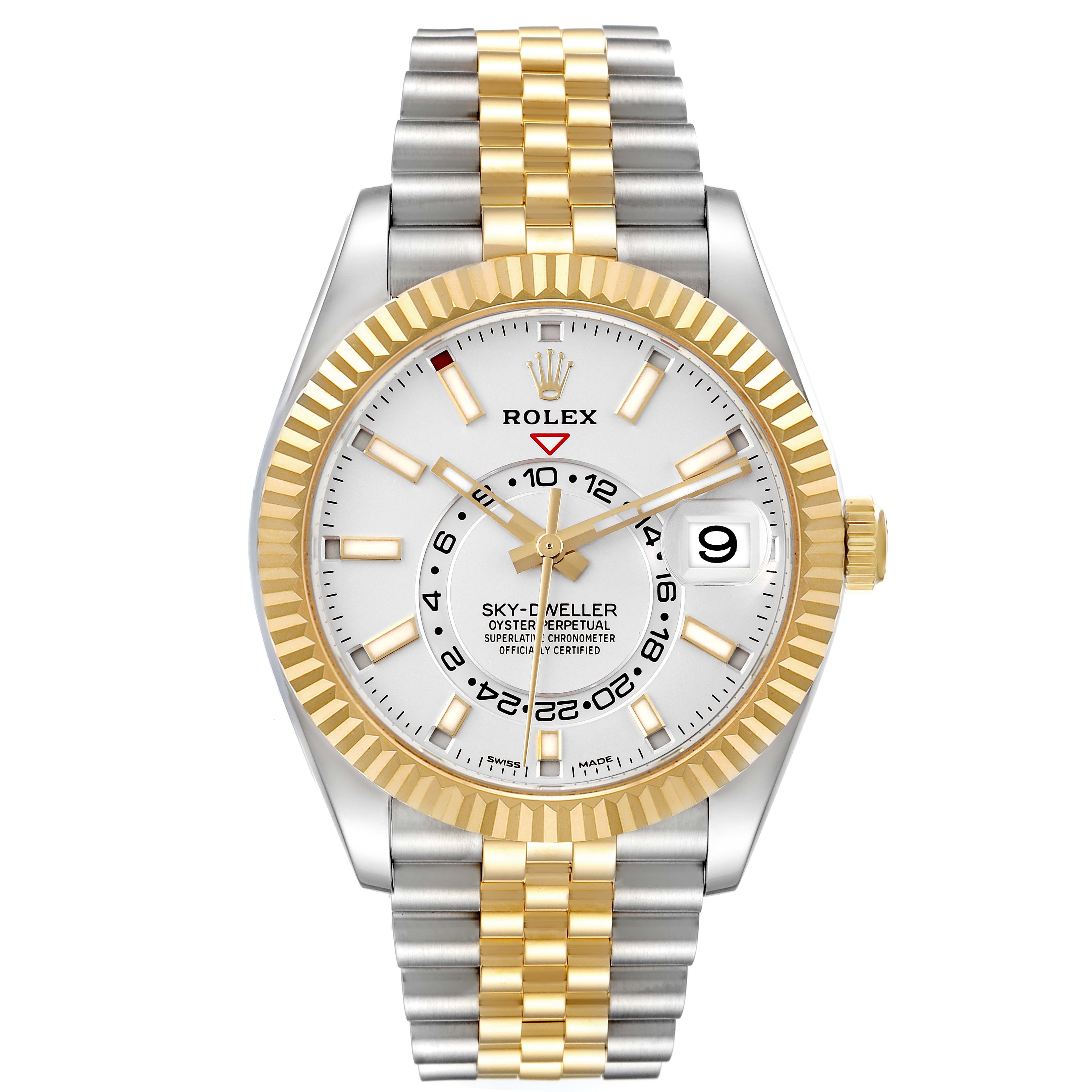 The Rolex Sky-Dweller 326933 Men's Steel and Gold (two tone) White Dial 326933 Men's Steel and Gold (two tone) White Dial is shown from the front, highlighting the dial, bezel, and two-tone bracelet.