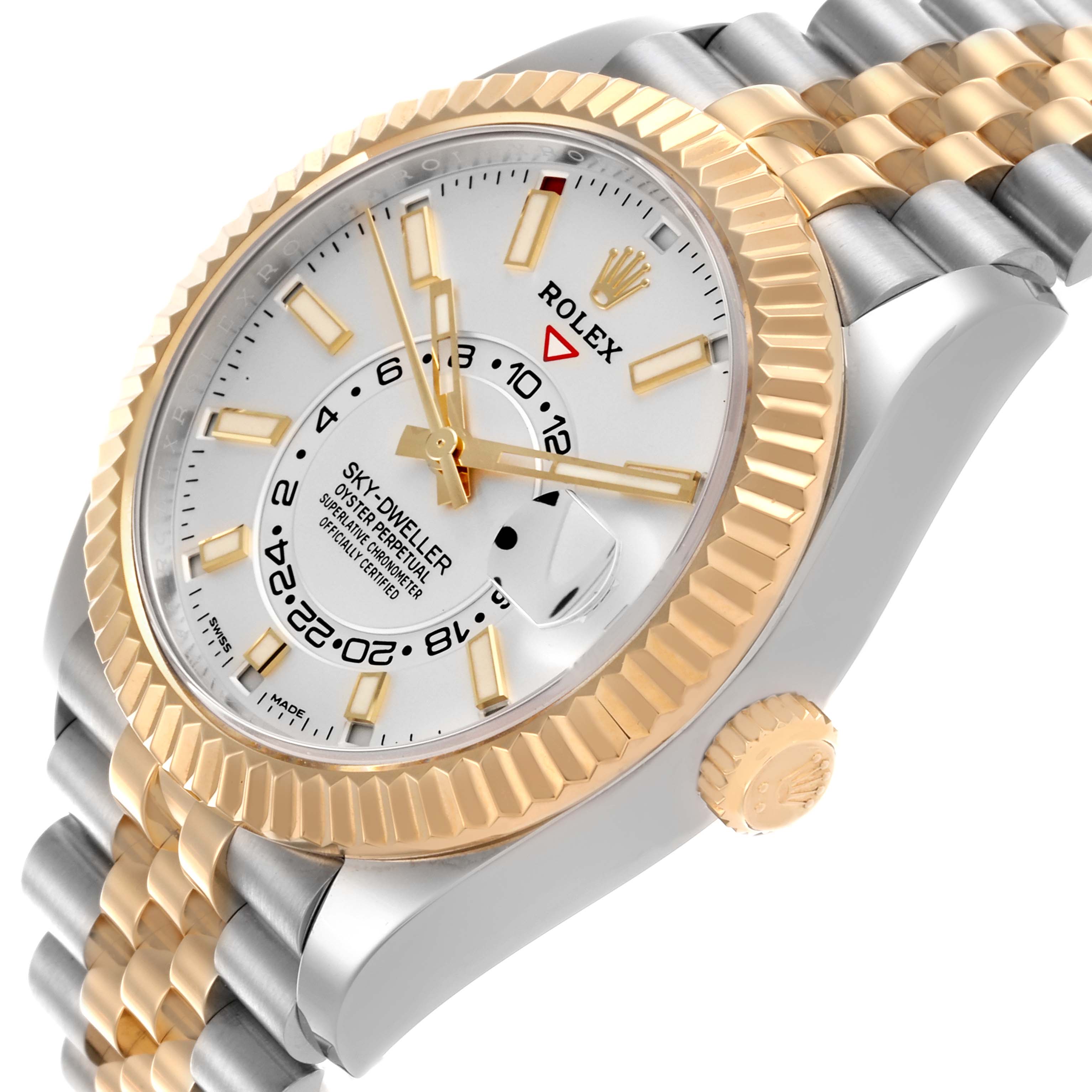 The Rolex Sky-Dweller 326933 Men's Steel and Gold (two tone) White Dial 326933 Men's Steel and Gold (two tone) White Dial watch is shown at a three-quarter angle, highlighting the dial, bezel, and bracelet.
