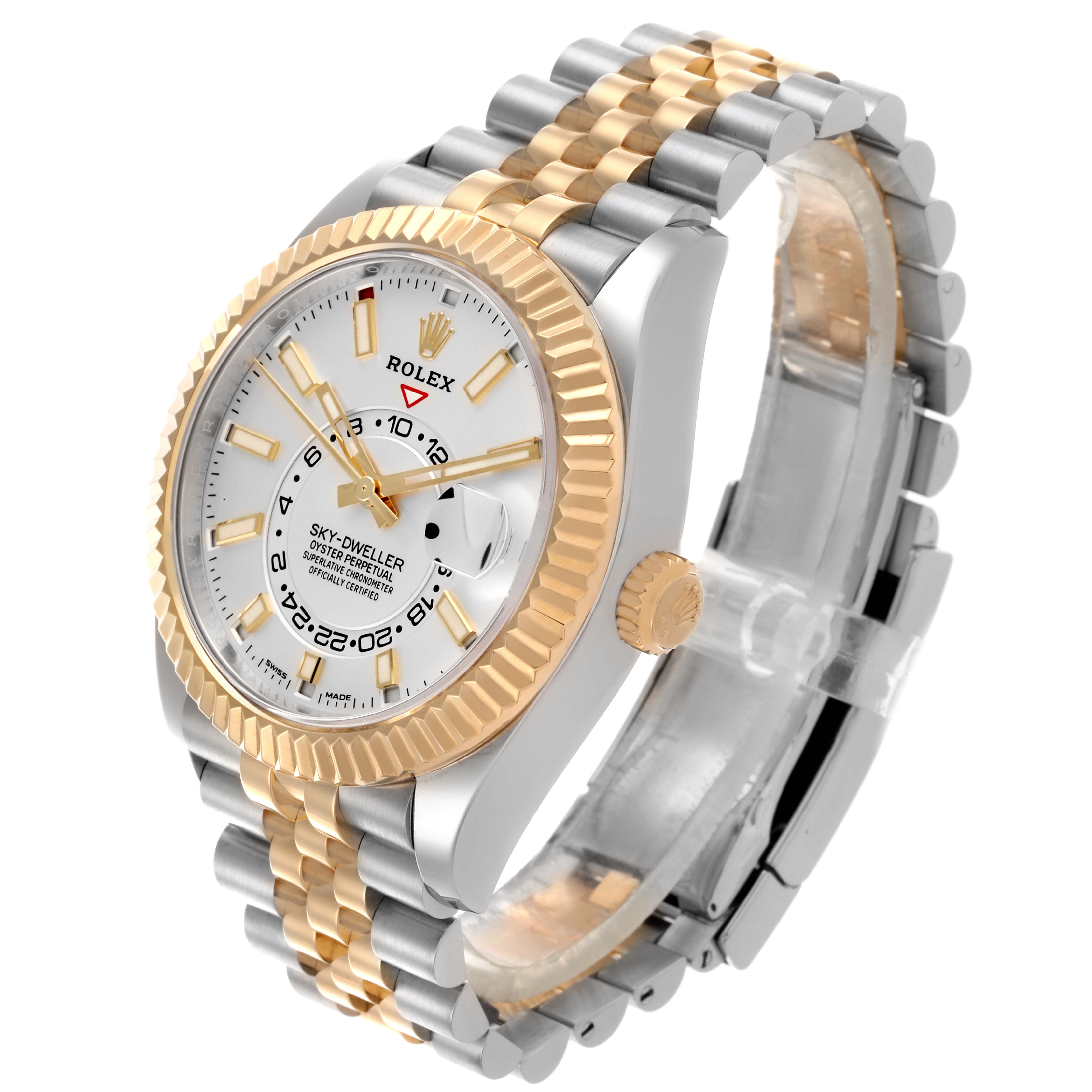 The Rolex Sky-Dweller 326933 Men's Steel and Gold (two tone) White Dial 326933 Men's Steel and Gold (two tone) White Dial watch is shown at a three-quarter angle, displaying the dial, fluted bezel, and two-tone bracelet.