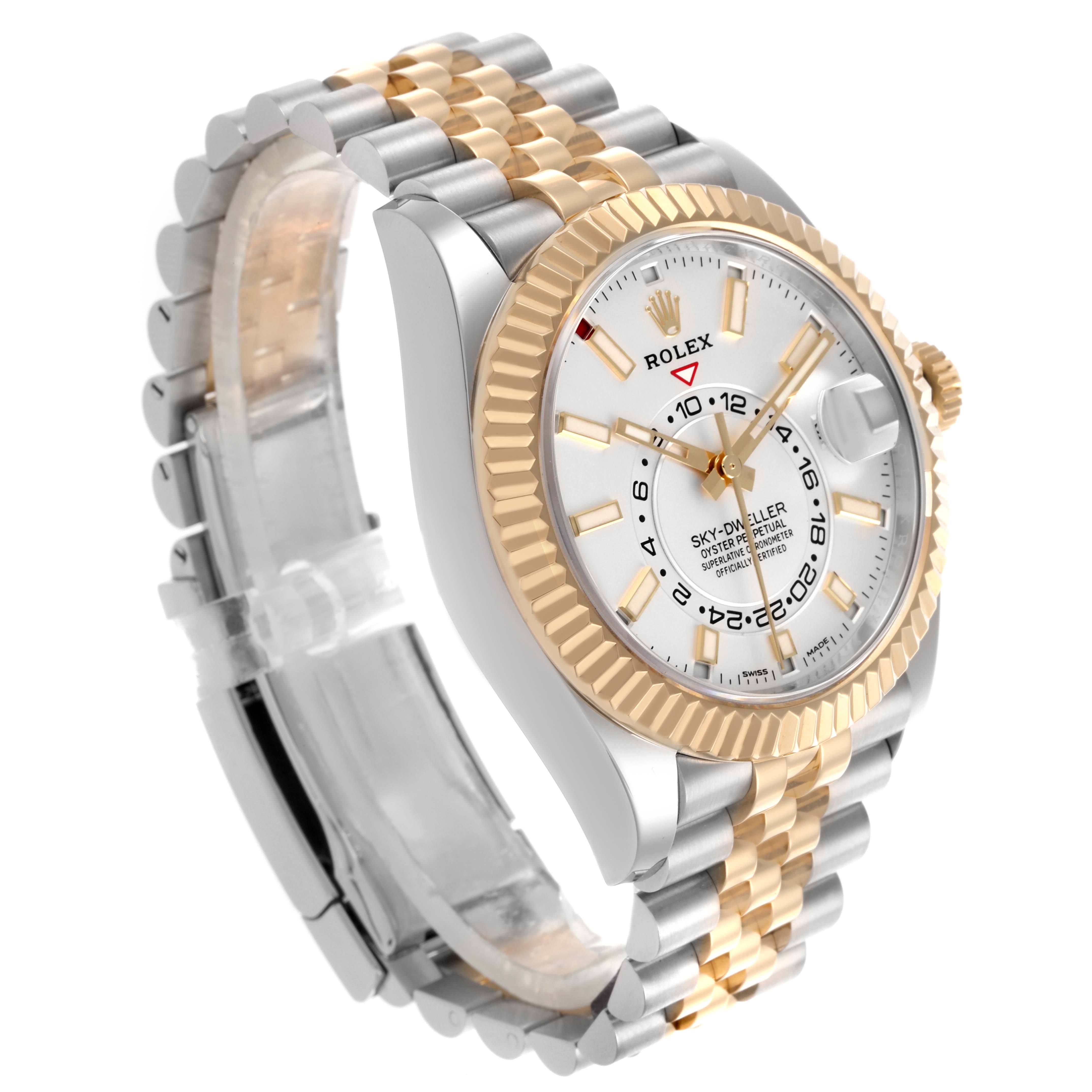 The Rolex Sky-Dweller 326933 Men's Steel and Gold (two tone) White Dial 326933 Men's Steel and Gold (two tone) White Dial is shown from a three-quarter angle, highlighting its dial, bezel, and bracelet.