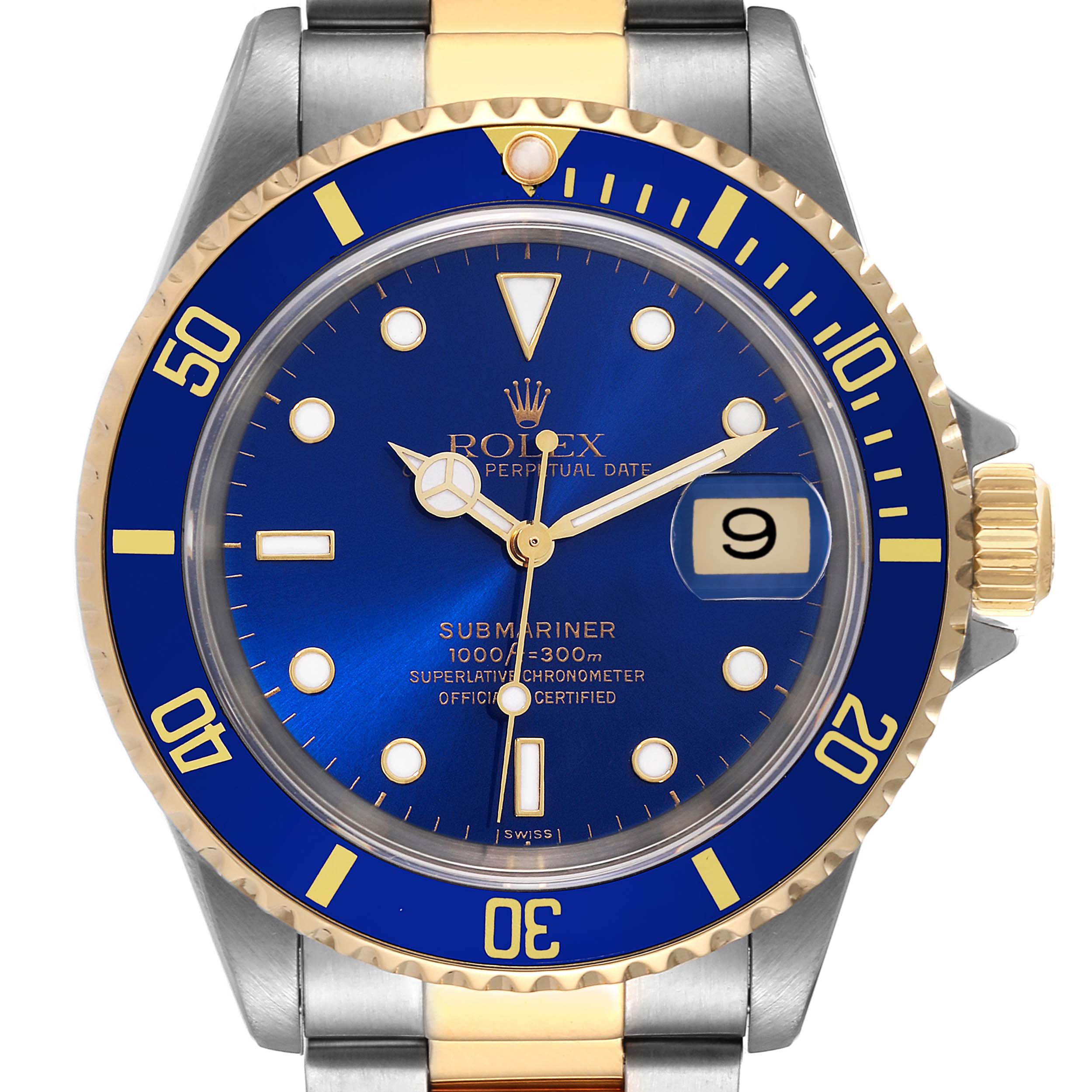 The Rolex Submariner 16613 Men's Steel and Gold (two tone) Blue Dial 16613 Men's Steel and Gold (two tone) Blue Dial watch is shown from a front view, highlighting the face, bezel, crown, and part of the bracelet.