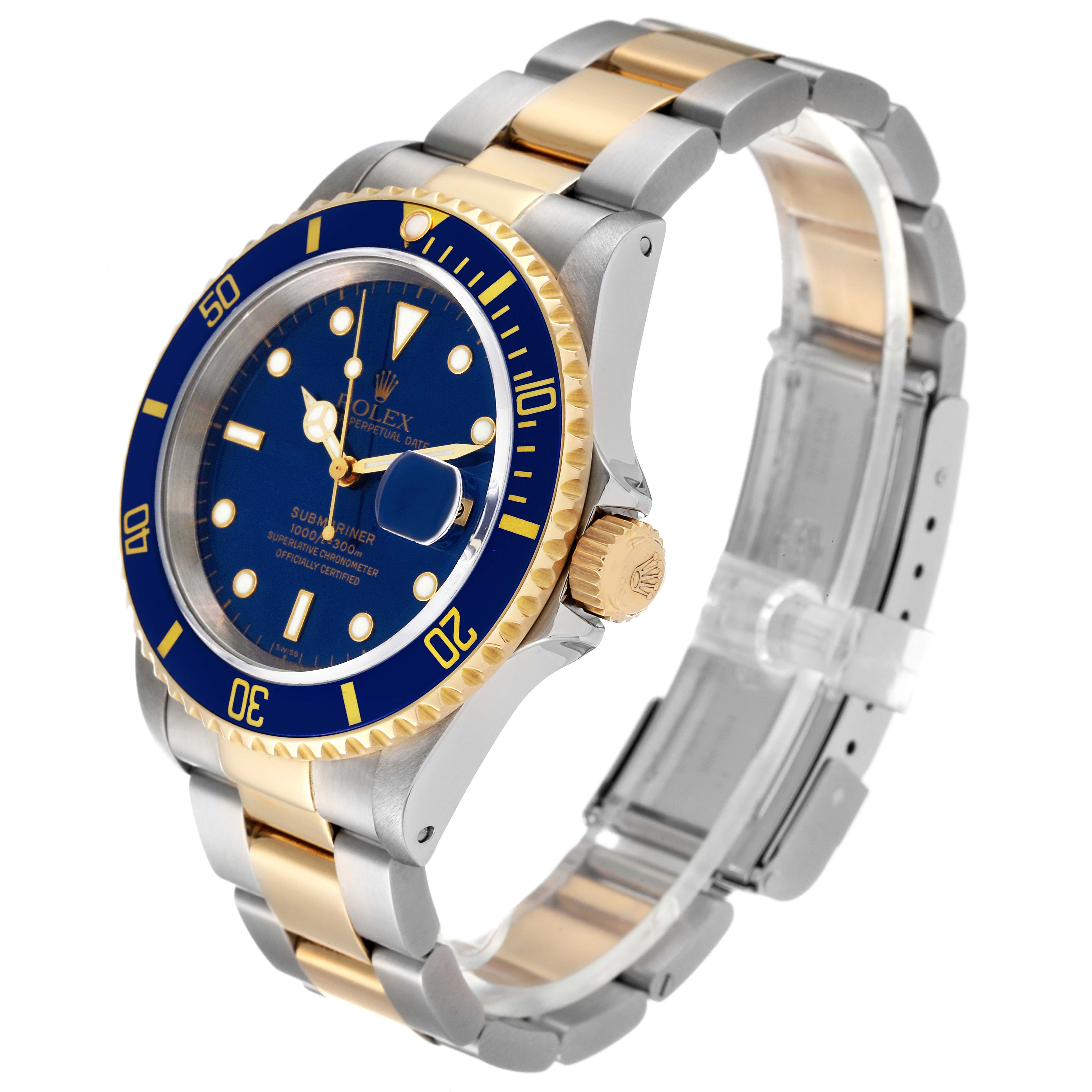 The Rolex Submariner 16613 Men's Steel and Gold (two tone) Blue Dial 16613 Men's Steel and Gold (two tone) Blue Dial is angled at three-quarters showing the face, bezel, crown, and part of the bracelet.
