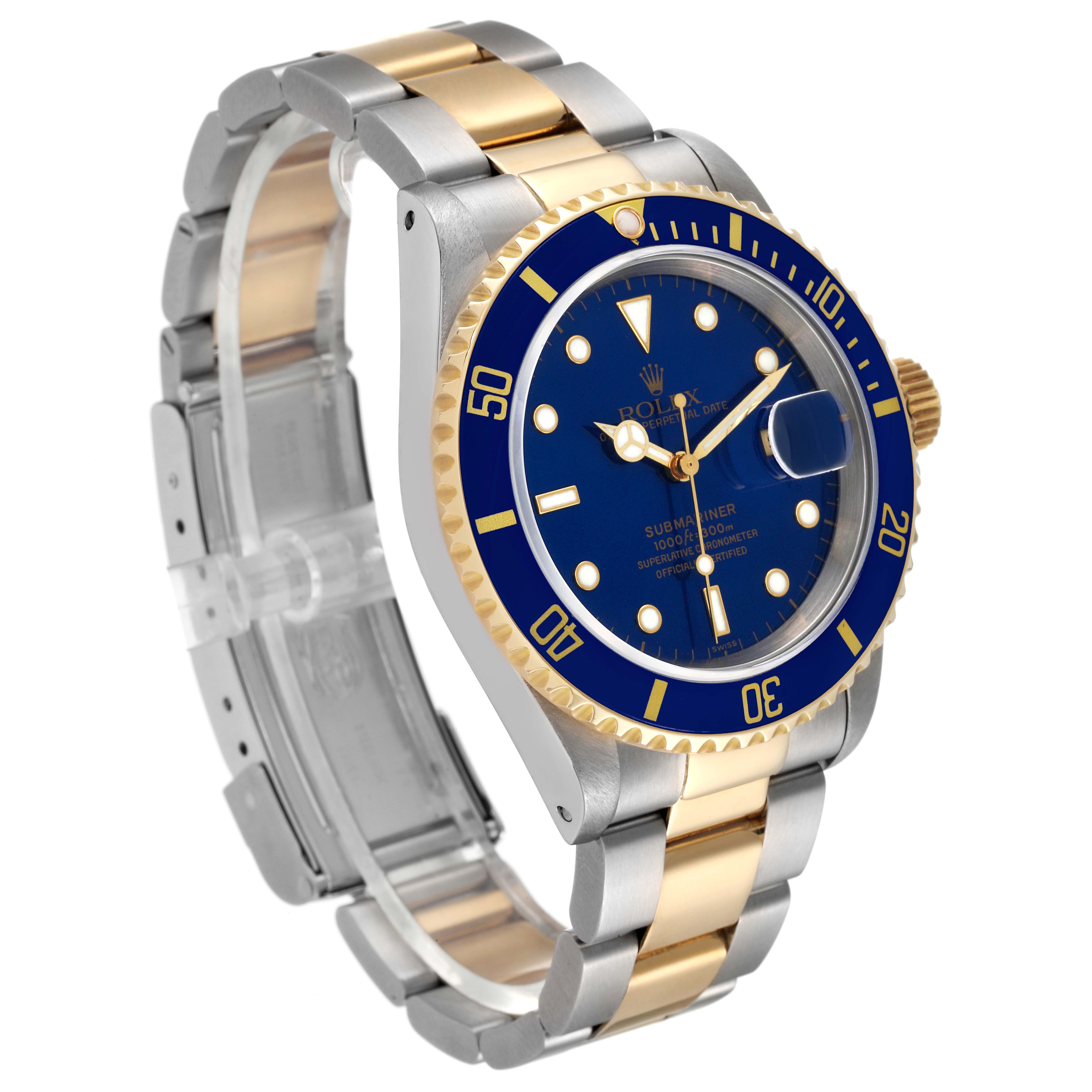 The Rolex Submariner 16613 Men's Steel and Gold (two tone) Blue Dial 16613 Men's Steel and Gold (two tone) Blue Dial watch is pictured at a three-quarter angle, showcasing the face, bezel, and two-tone bracelet.