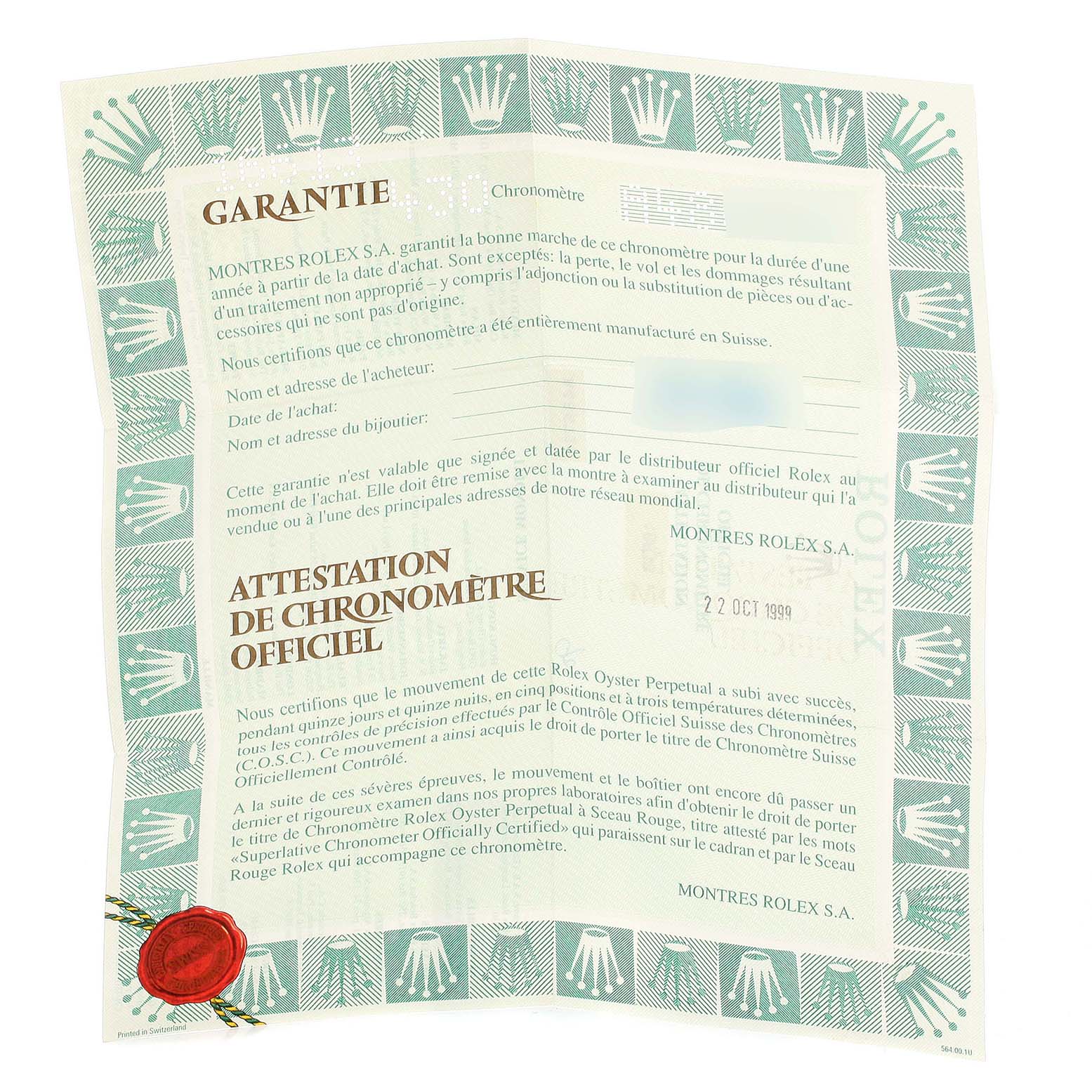 The image shows a warranty certificate for a Rolex Submariner 16613 Men's Steel and Gold (two tone) Blue Dial 16613 Men's Steel and Gold (two tone) Blue Dial, displaying text and official seals.