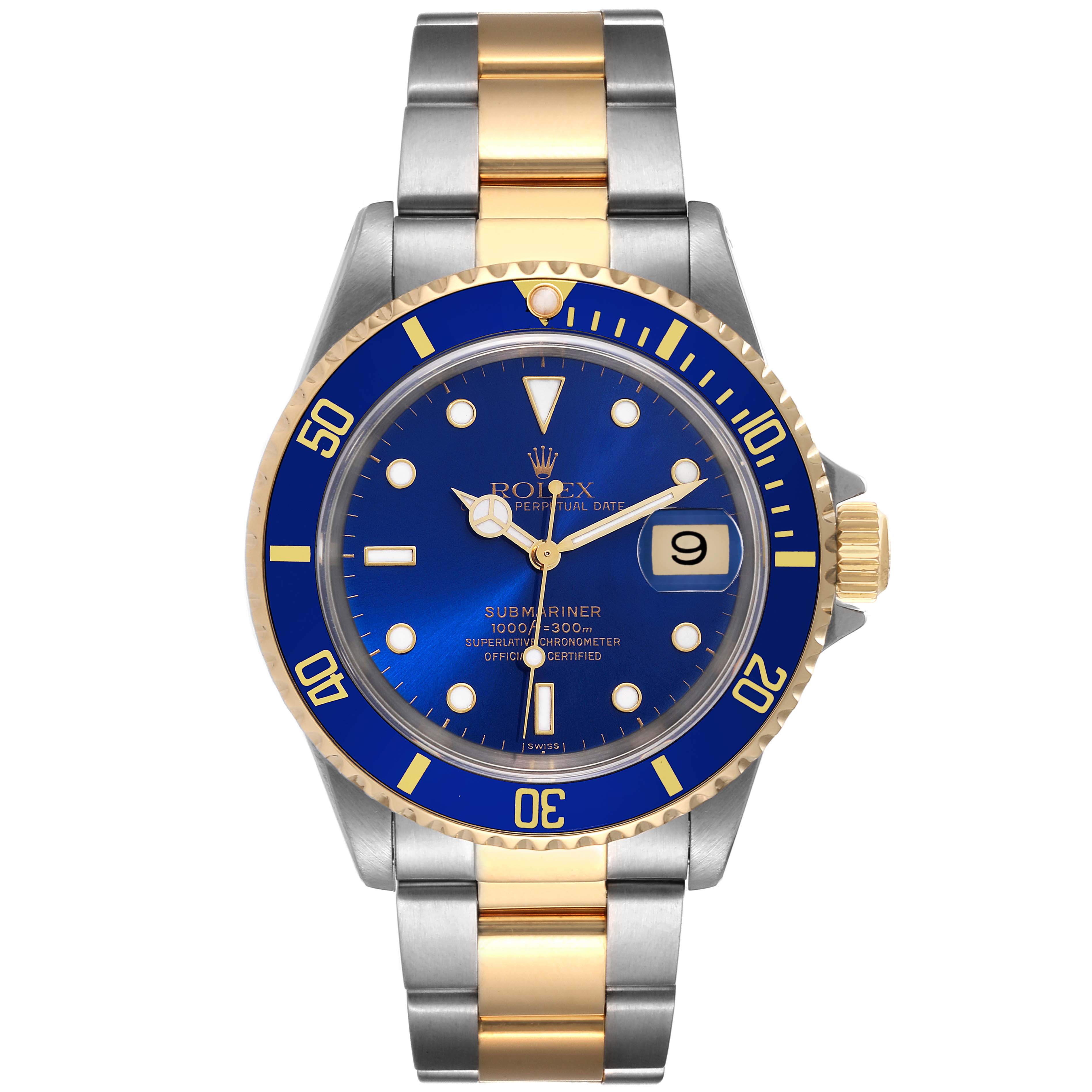 The image shows a front view of a Rolex Submariner 16613 Men's Steel and Gold (two tone) Blue Dial 16613 Men's Steel and Gold (two tone) Blue Dial watch, featuring a blue dial, date window, and a two-tone metal bracelet.