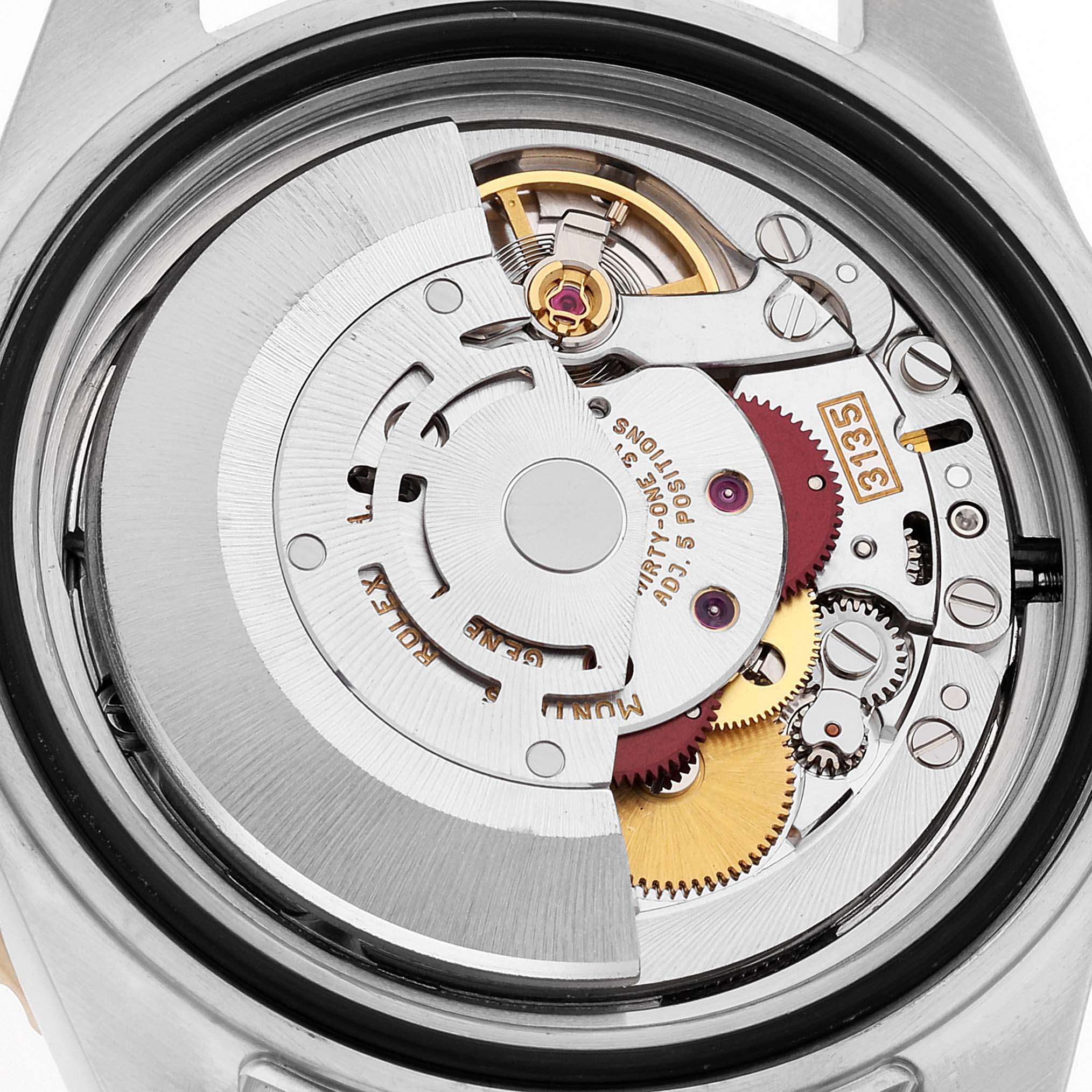 The image shows the intricate movement mechanism of a Rolex Submariner 16613 Men's Steel and Gold (two tone) Blue Dial 16613 Men's Steel and Gold (two tone) Blue Dial model from a rear angle with its back case removed.