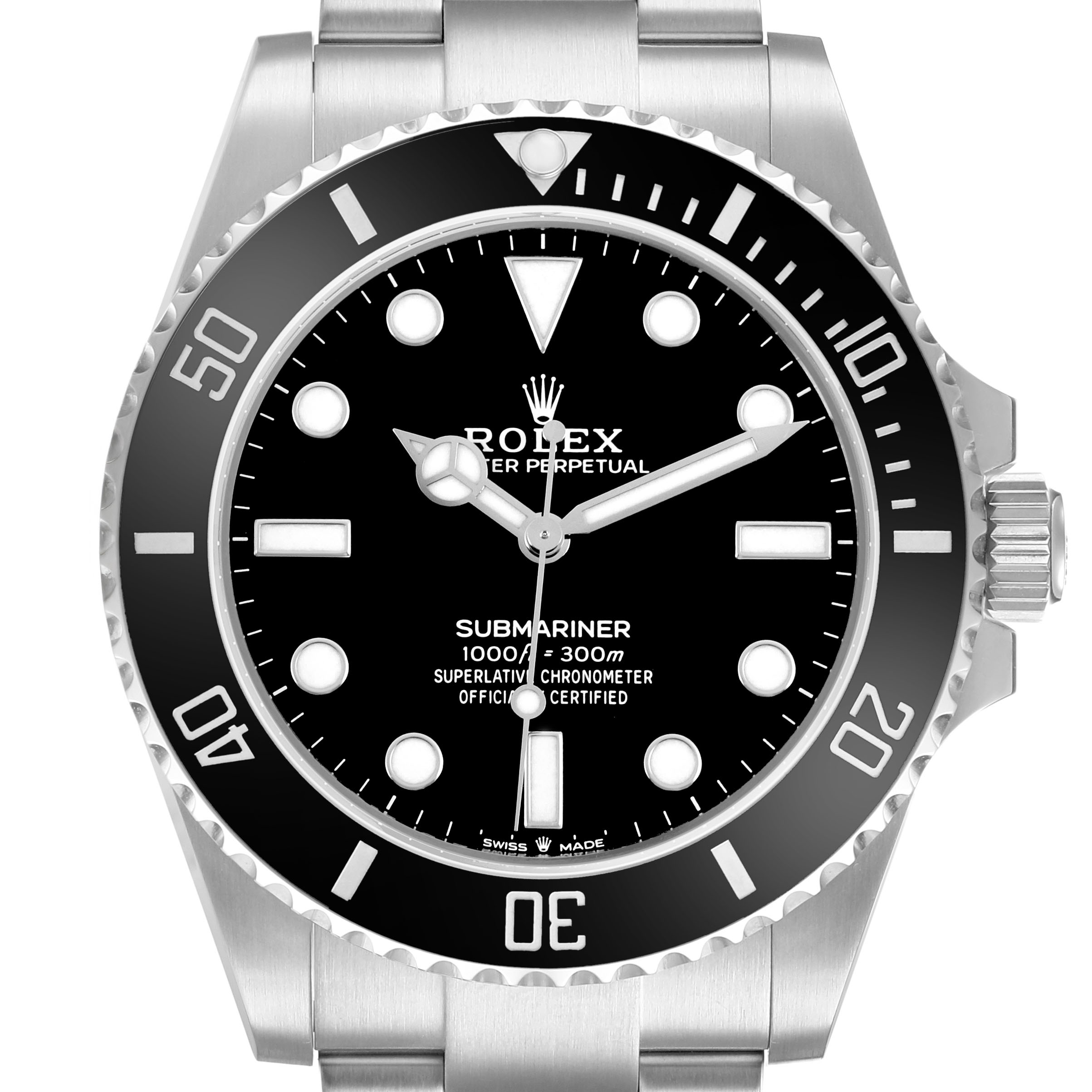 The Rolex Submariner M124060-0001 Men's Stainless Steel Black Dial is shown from the front, highlighting the dial, bezel, and part of the bracelet.