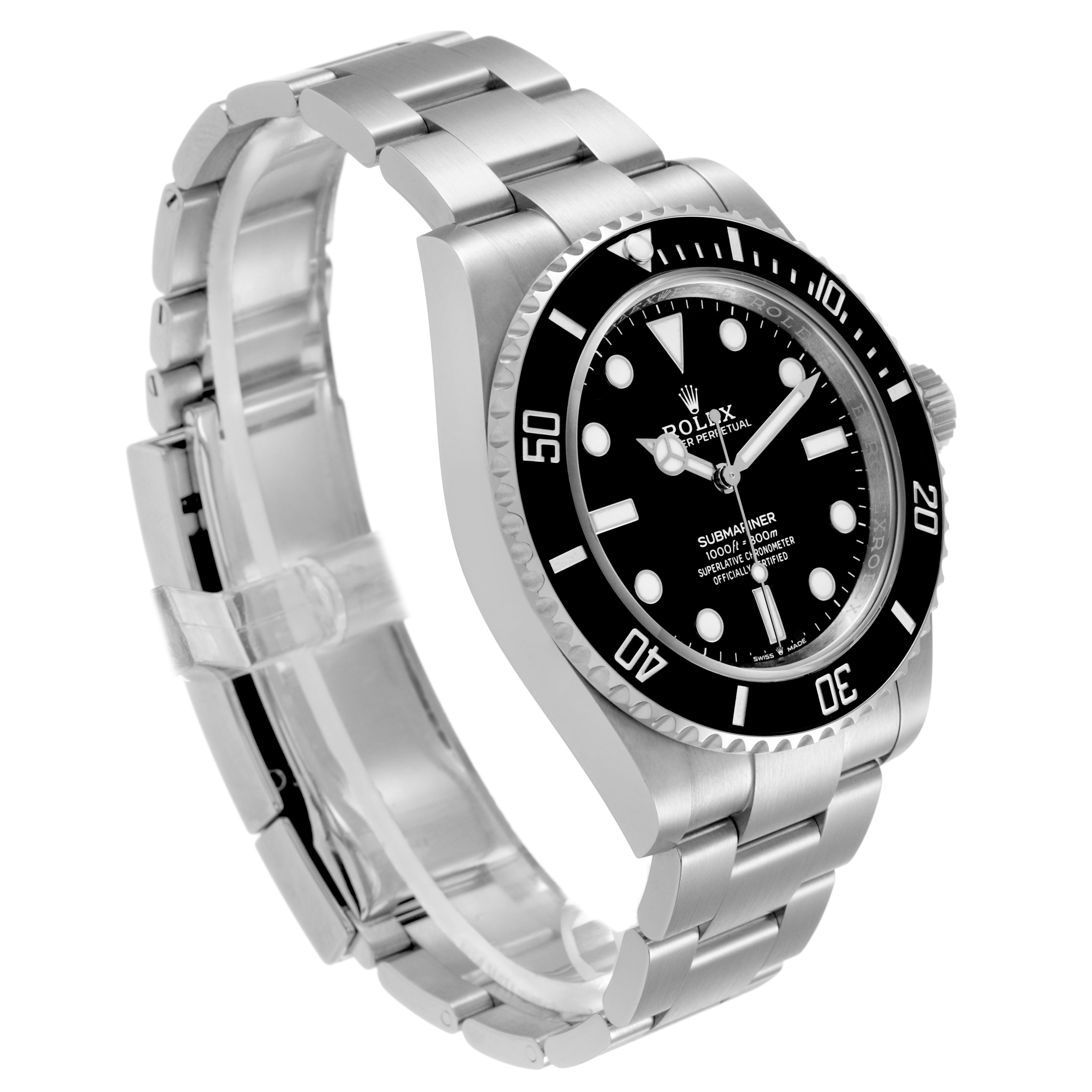The Rolex Submariner M124060-0001 Men's Stainless Steel Black Dial watch is shown from an angled view, displaying the face, bezel, crown, and part of the bracelet.