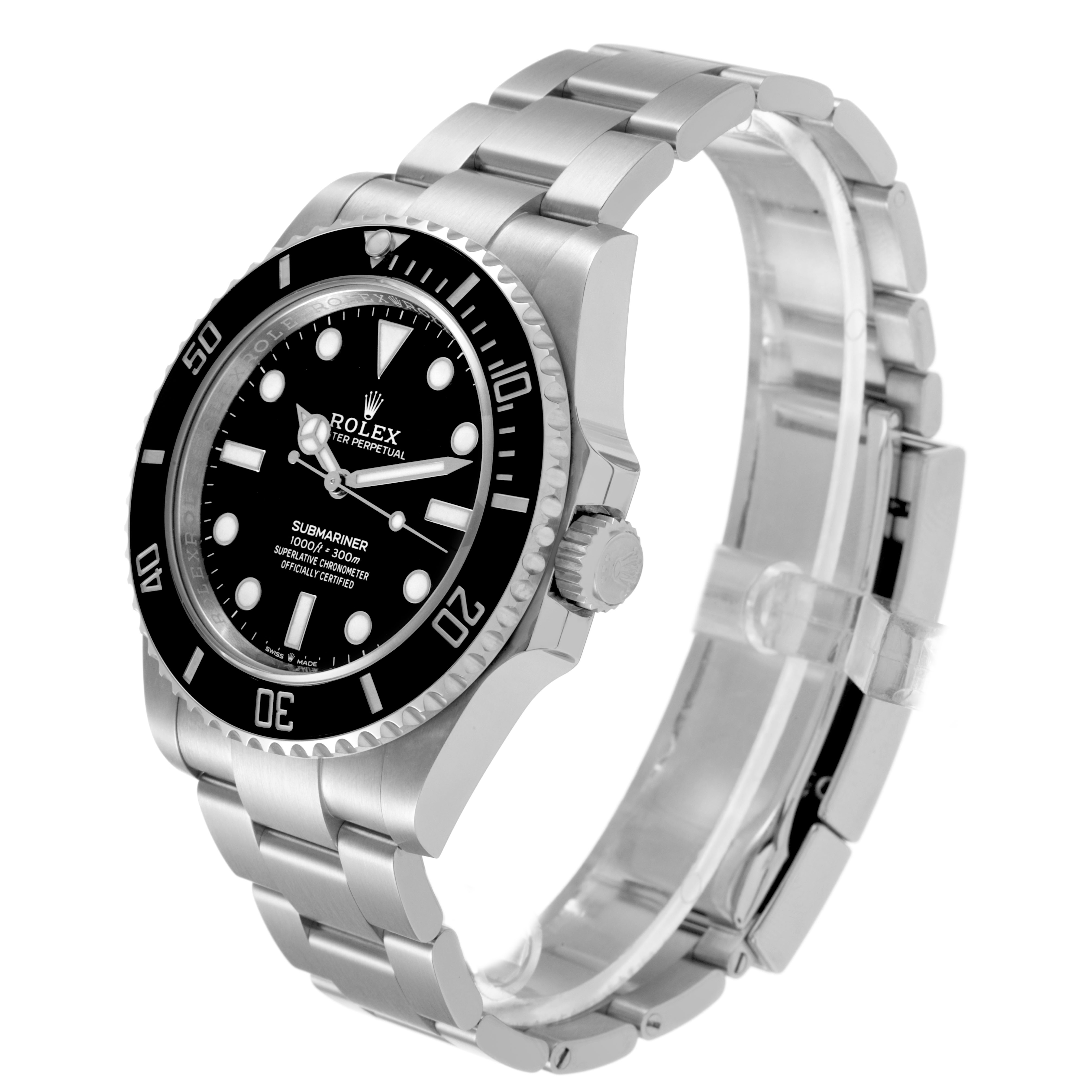 The Rolex Submariner M124060-0001 Men's Stainless Steel Black Dial is shown at a three-quarter angle, highlighting the face, bezel, crown, and bracelet.