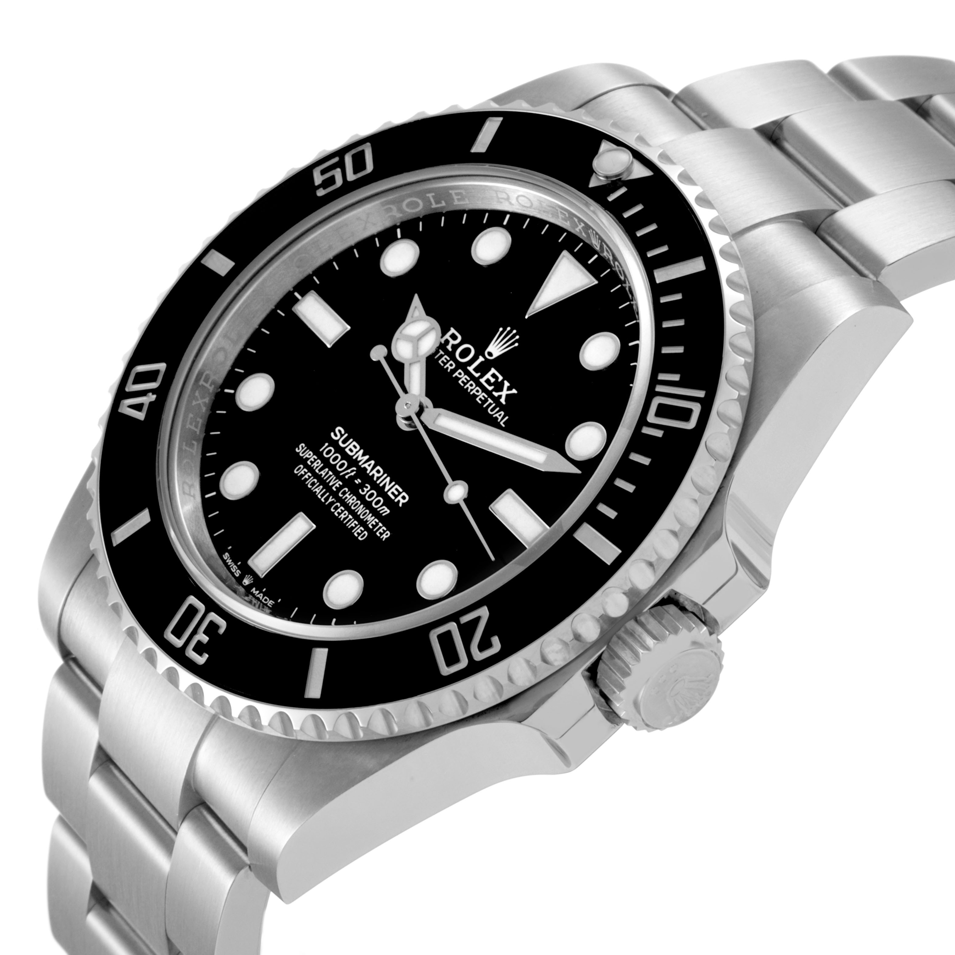 The Rolex Submariner M124060-0001 Men's Stainless Steel Black Dial watch is shown at an angled side view, highlighting the bezel, dial, bracelet, and crown.