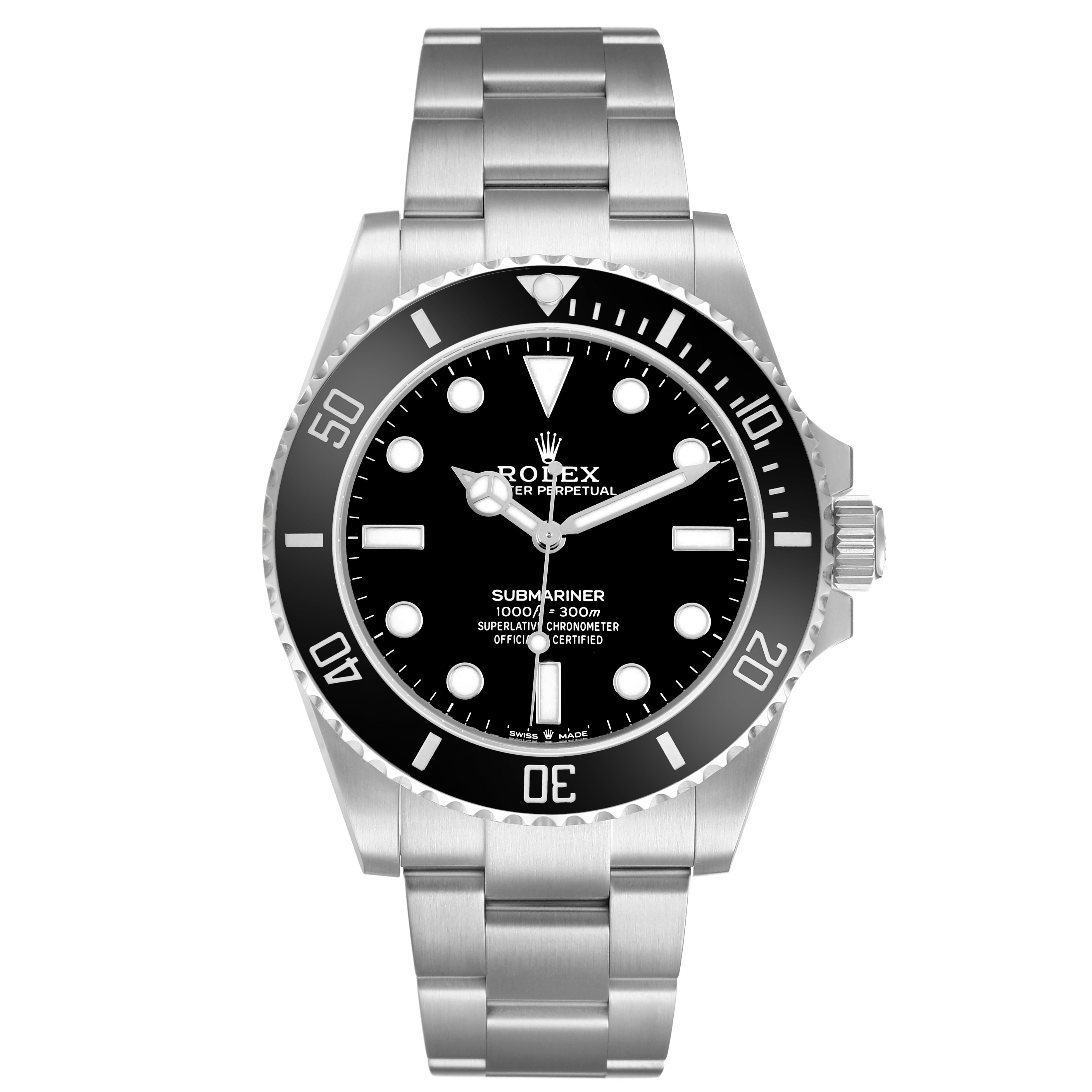 The Rolex Submariner M124060-0001 Men's Stainless Steel Black Dial is shown from a front view, displaying the watch face, bezel, and bracelet.