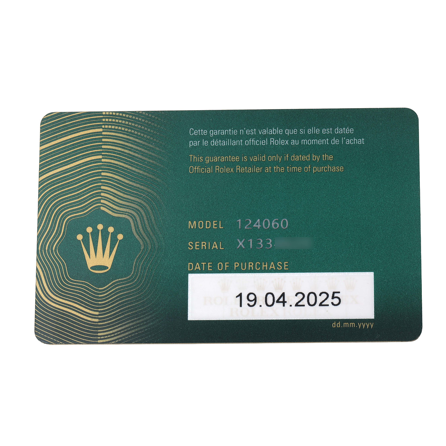 This image shows the warranty card for a Rolex Submariner M124060-0001 Men's Stainless Steel Black Dial model 124060.