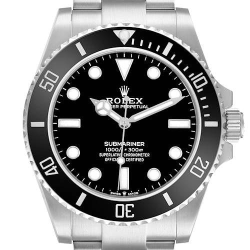 The Rolex Submariner M124060-0001 Men's Stainless Steel Black Dial watch is shown from a top-down angle, highlighting the bezel, dial, and hands.