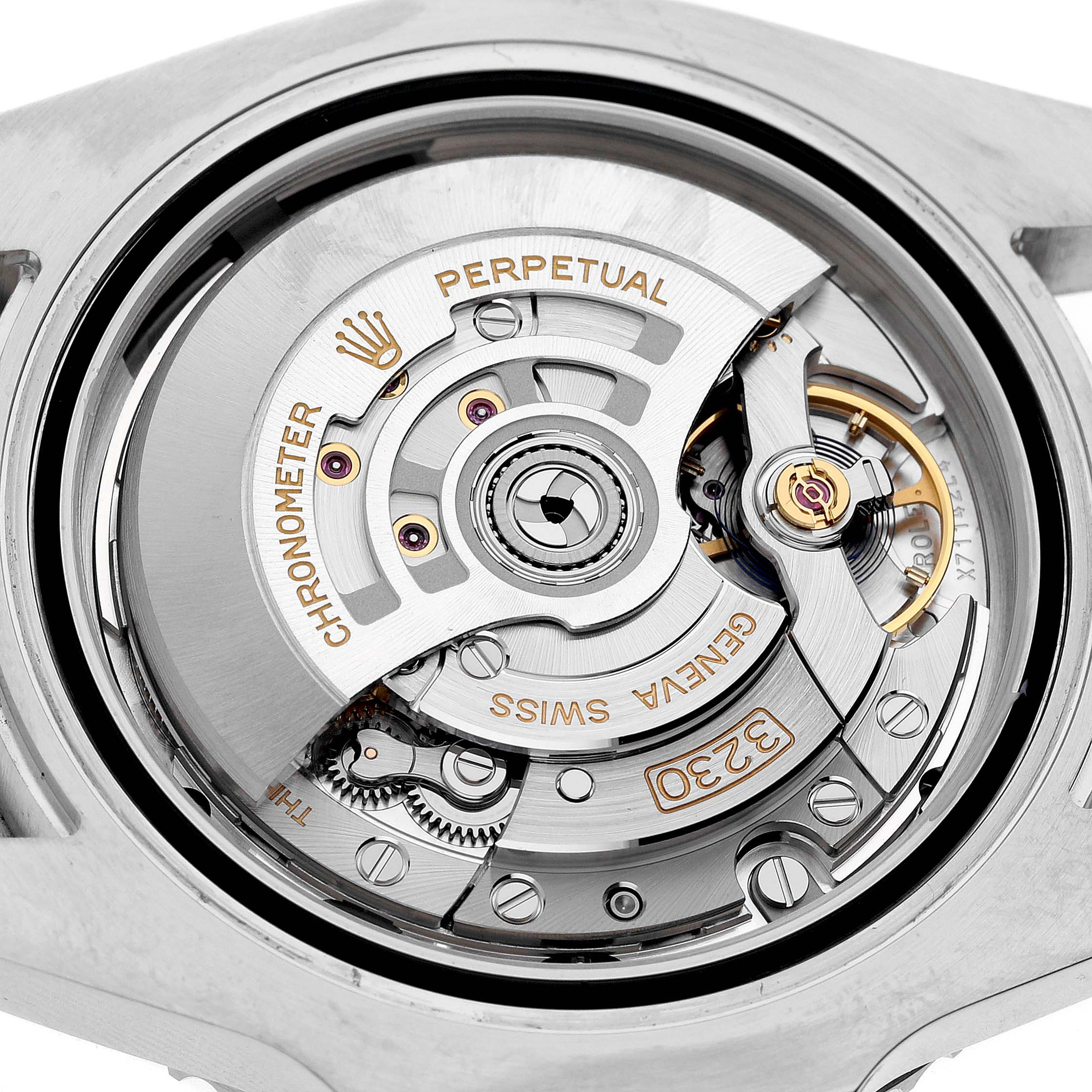 The image shows the back view of a Rolex Submariner M124060-0001 Men's Stainless Steel Black Dial, highlighting its movement components.