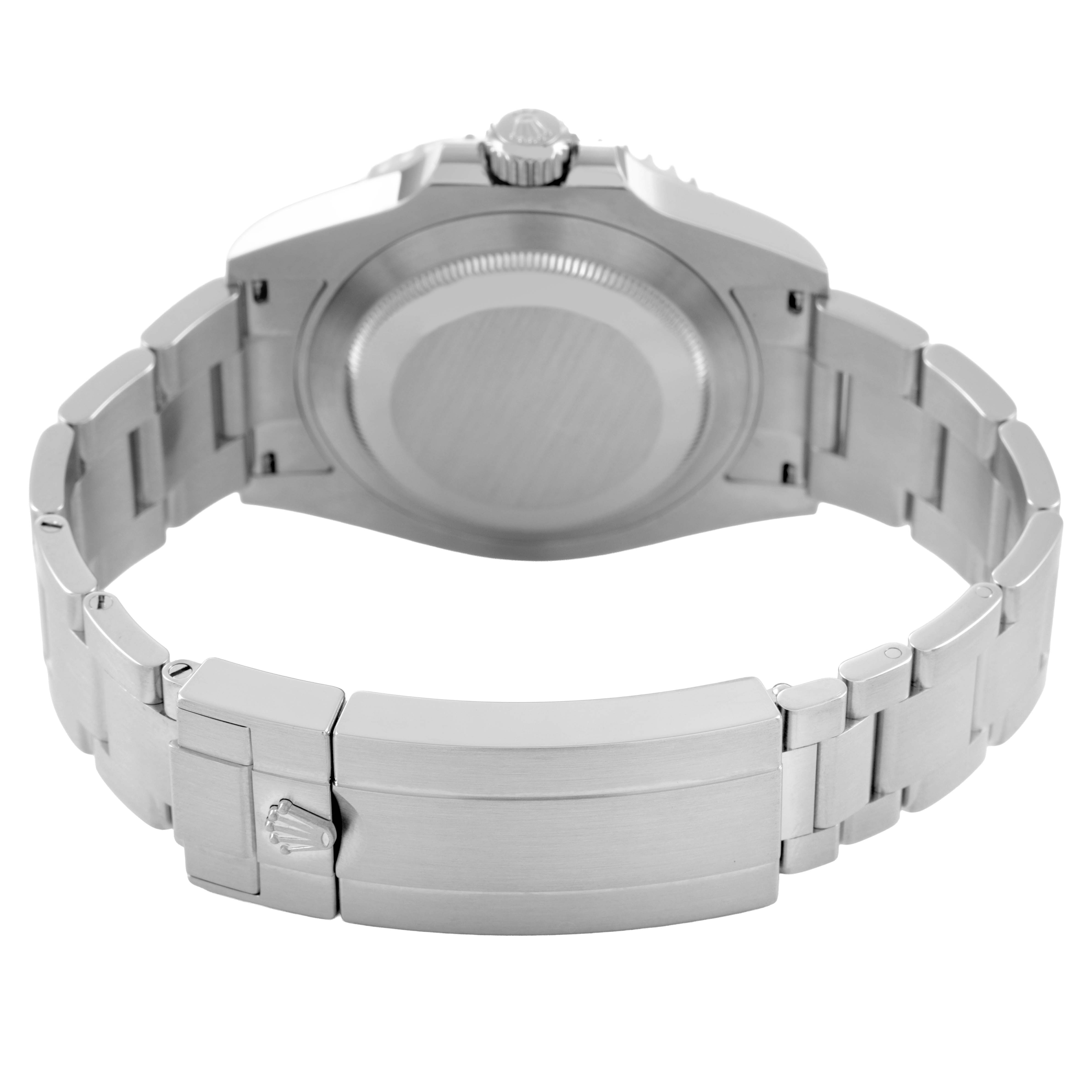 The image shows the back view of a Rolex Submariner M124060-0001 Men's Stainless Steel Black Dial watch, highlighting the case back, bracelet, and clasp.