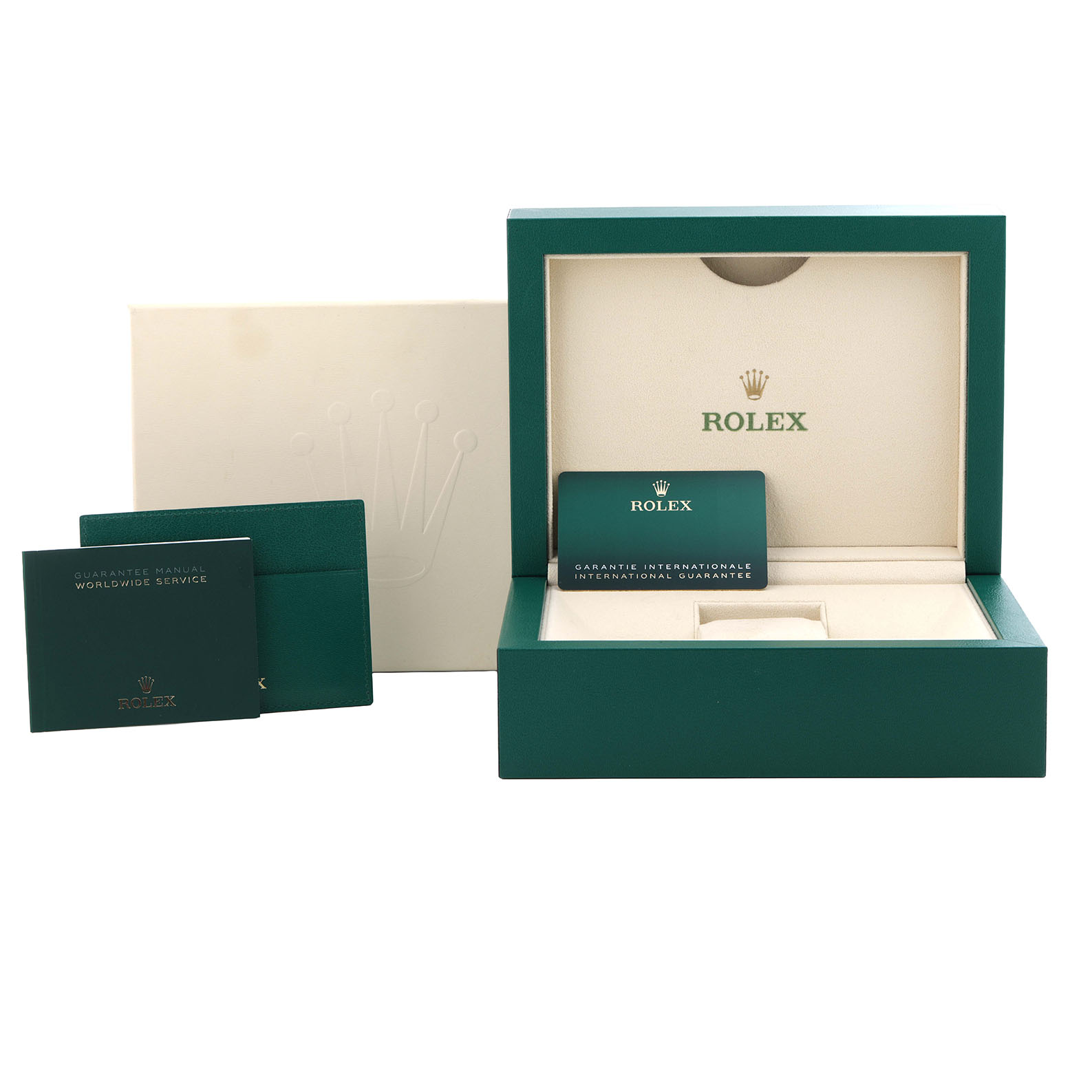 The image shows a Rolex Submariner M124060-0001 Men's Stainless Steel Black Dial packaging with an open green box, warranty card, and manual.