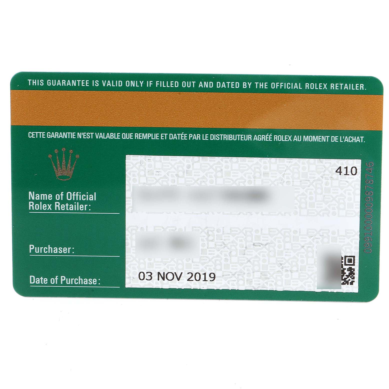 This image shows the guarantee card for a Rolex Submariner 116613 Men
s Steel and Gold (two tone) Blue Dial 116613 Men
s Steel and Gold (two tone) Blue Dial, including retailer details and purchase date.