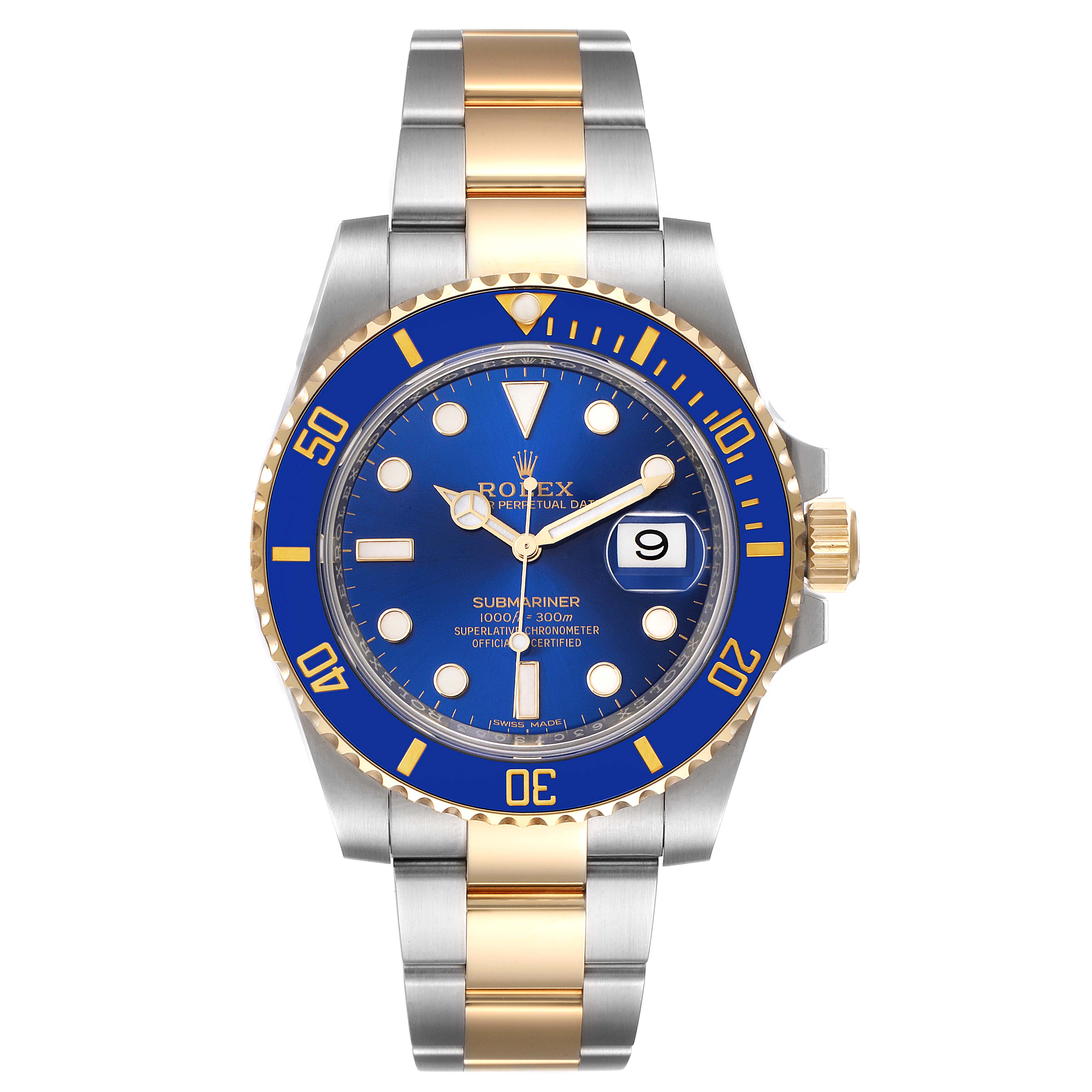 The image shows a front view of the Rolex Submariner 116613 Men
s Steel and Gold (two tone) Blue Dial 116613 Men
s Steel and Gold (two tone) Blue Dial watch, displaying its blue dial, date window, and two-tone metal bracelet.