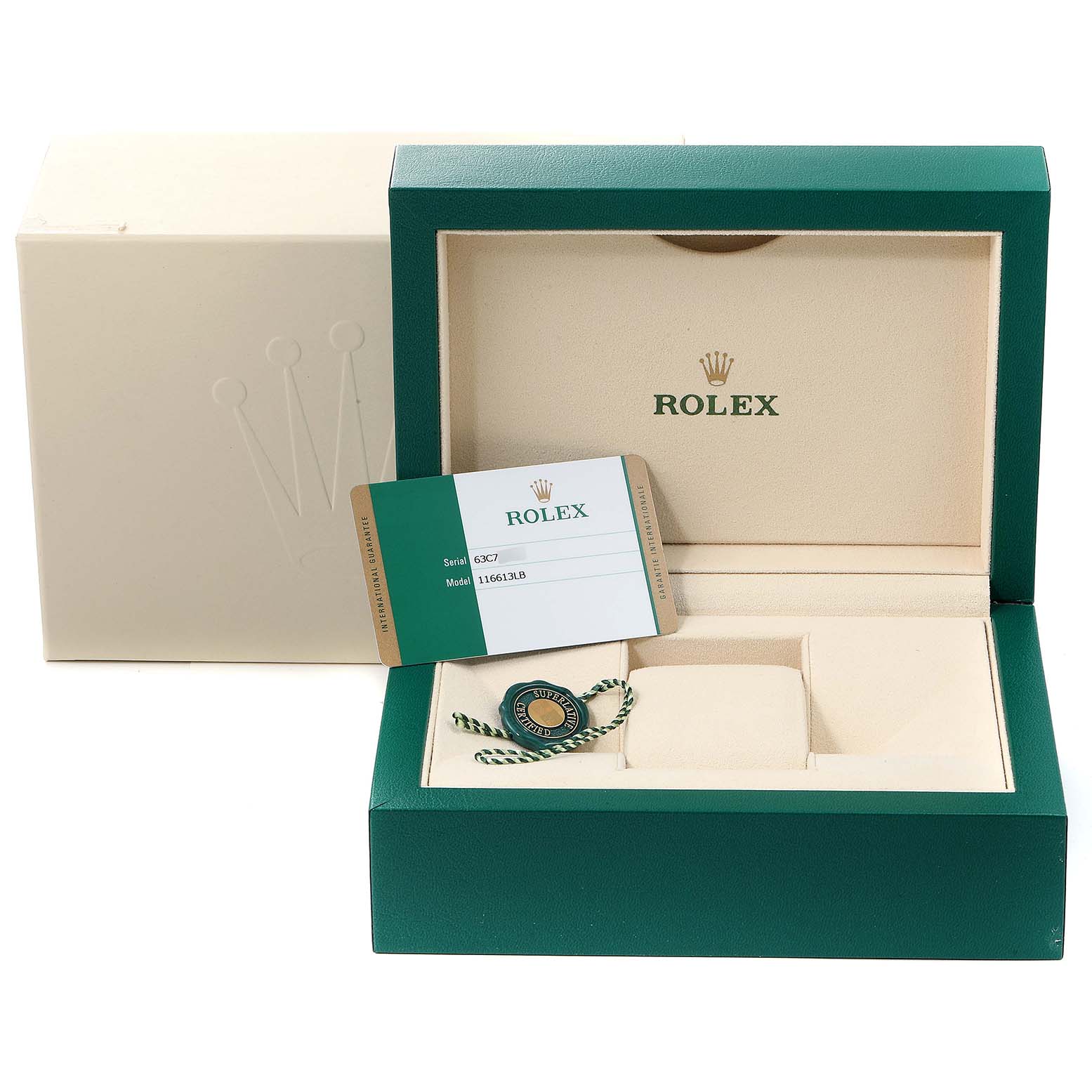 The image shows a Rolex Submariner 116613 Men
s Steel and Gold (two tone) Blue Dial 116613 Men
s Steel and Gold (two tone) Blue Dial model box, warranty card, and tag from a front angle.